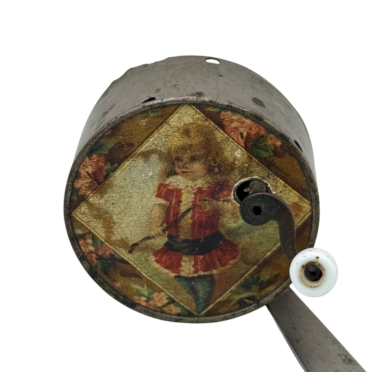 Antique Manivelle French Hand-crank Music Box Tin Victorian Child Floral 3" READ