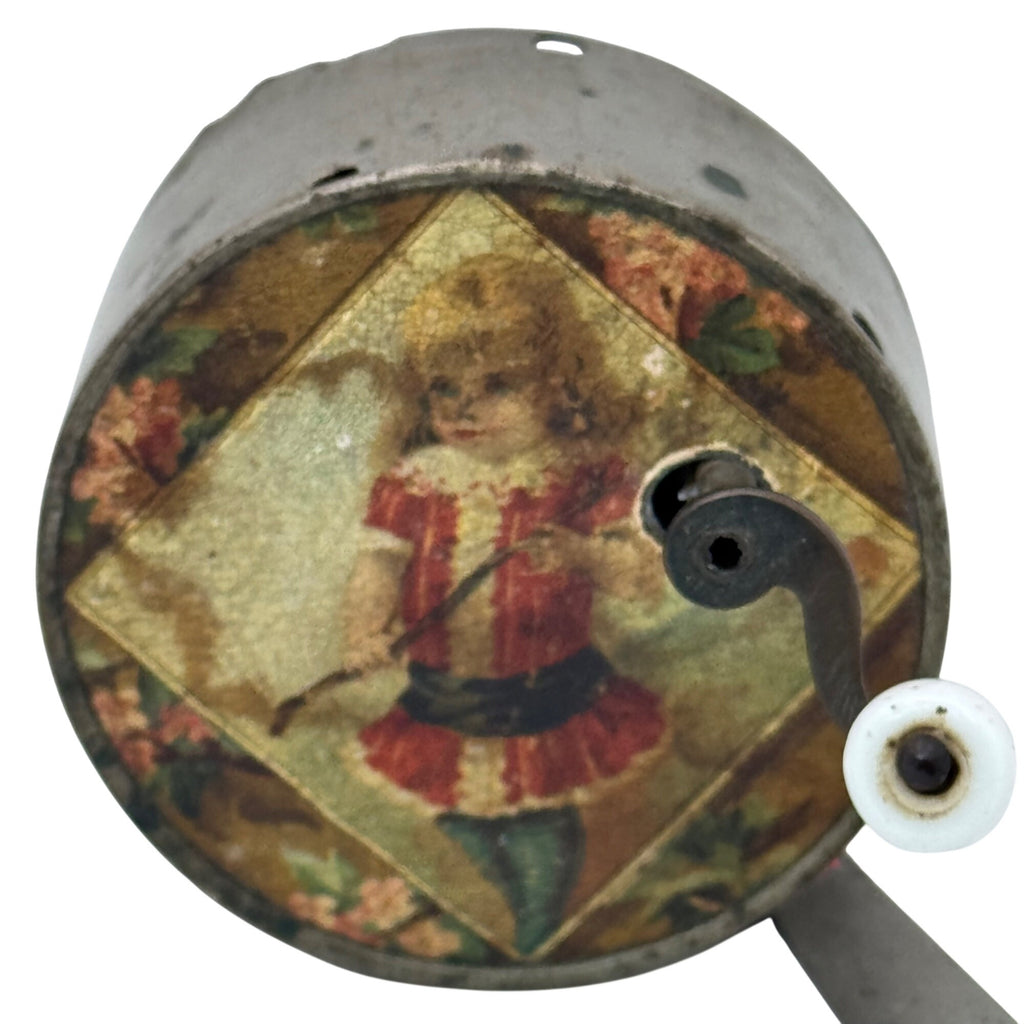 Antique Manivelle French Hand-crank Music Box Tin Victorian Child Floral 3" READ