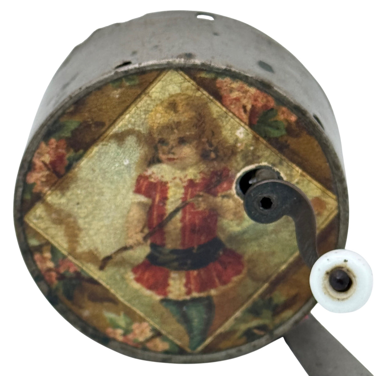 Antique Manivelle French Hand-crank Music Box Tin Victorian Child Floral 3" READ