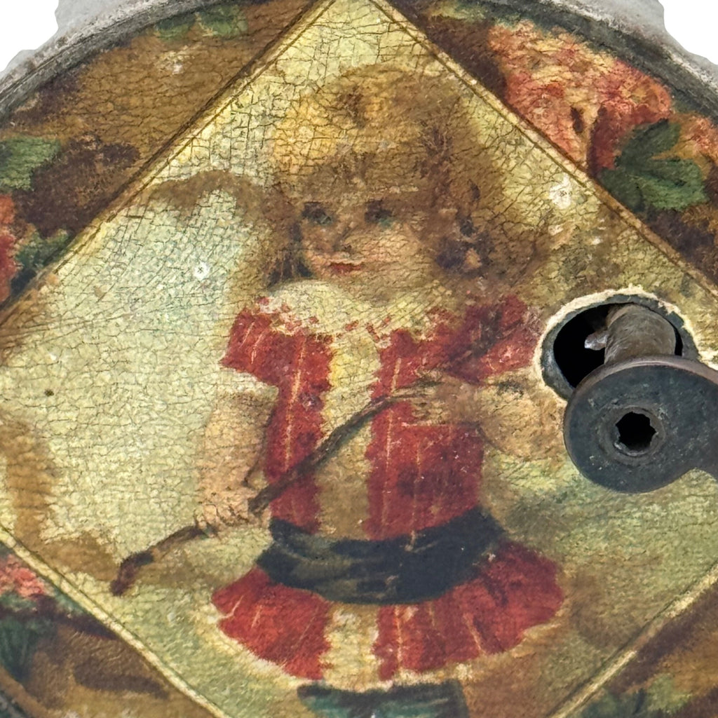 Antique Manivelle French Hand-crank Music Box Tin Victorian Child Floral 3" READ