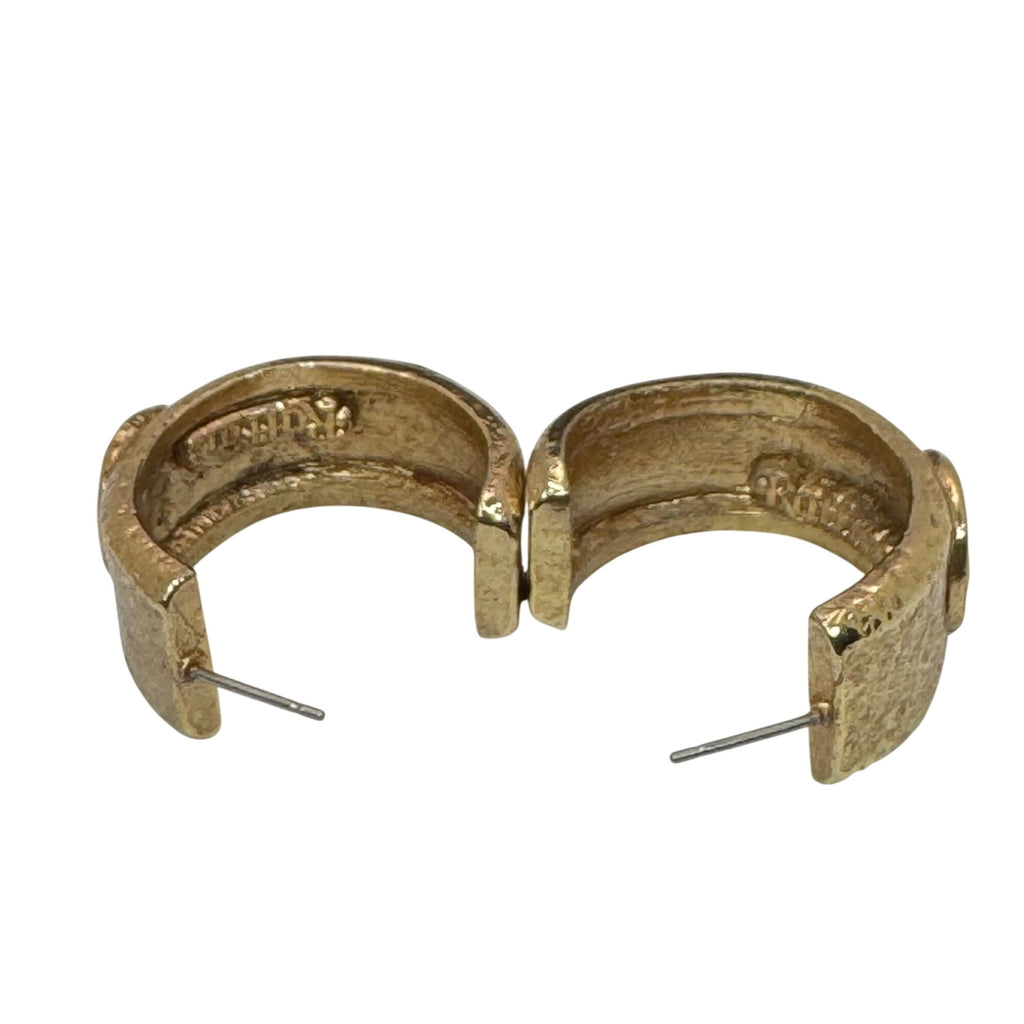 Raffiné Vintage 1980s Textured Coin Medallion Hoop Clip On Earrings Gold Plated