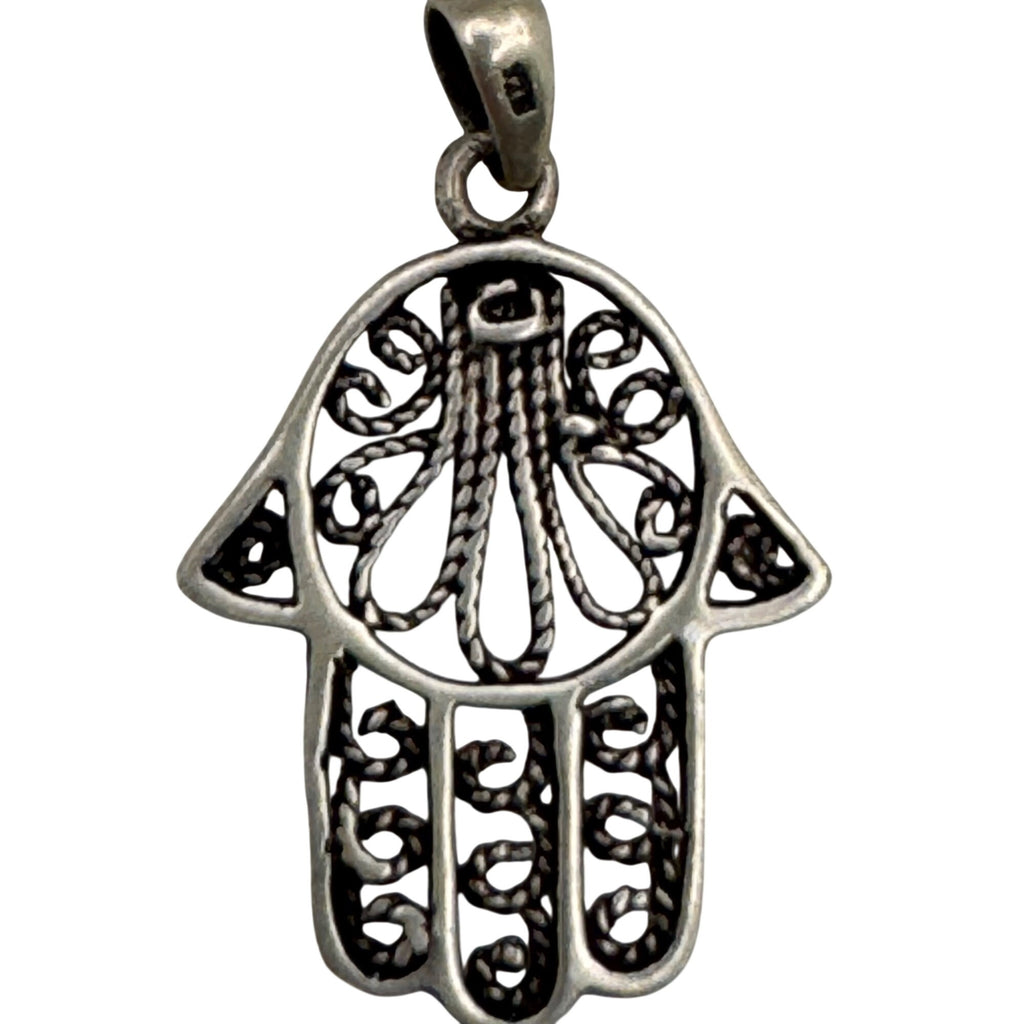 Powerful 925 Sterling Silver Hamsa Kabbalah Pendant Yemenite Filagree 1" Estate