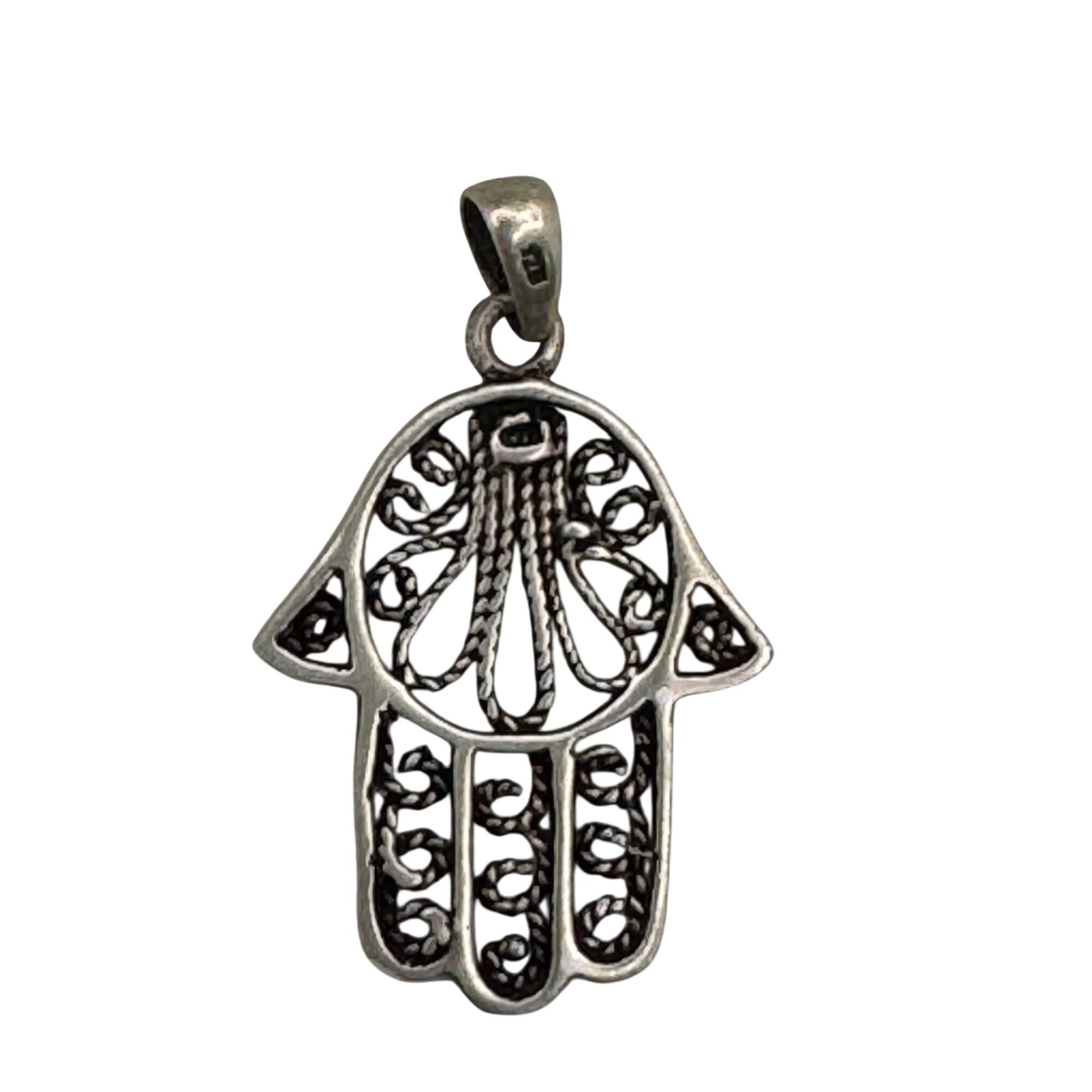 Powerful 925 Sterling Silver Hamsa Kabbalah Pendant Yemenite Filagree 1" Estate