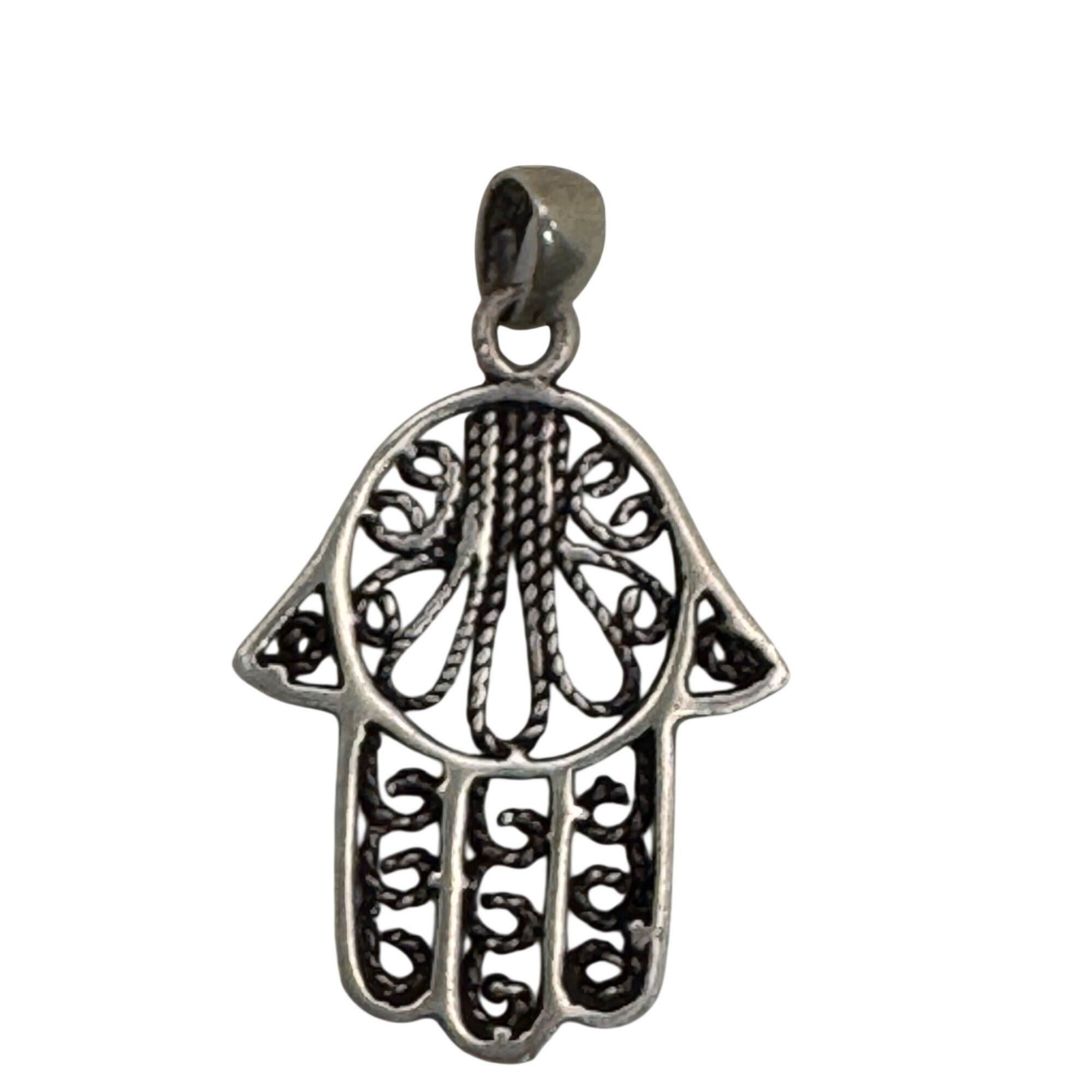 Powerful 925 Sterling Silver Hamsa Kabbalah Pendant Yemenite Filagree 1" Estate