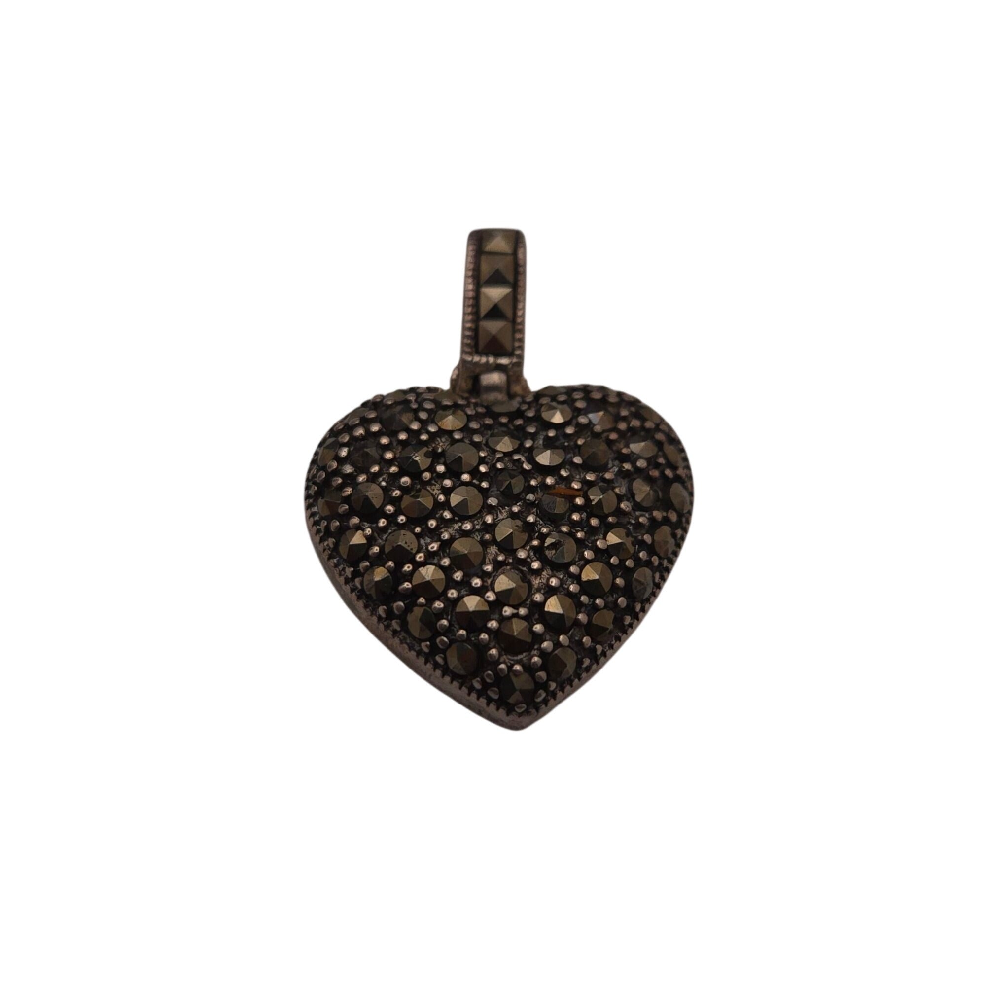 Vintage Sterling Silver 925 Heart Pendant Marcasite 1.5" Art Deco Victorian