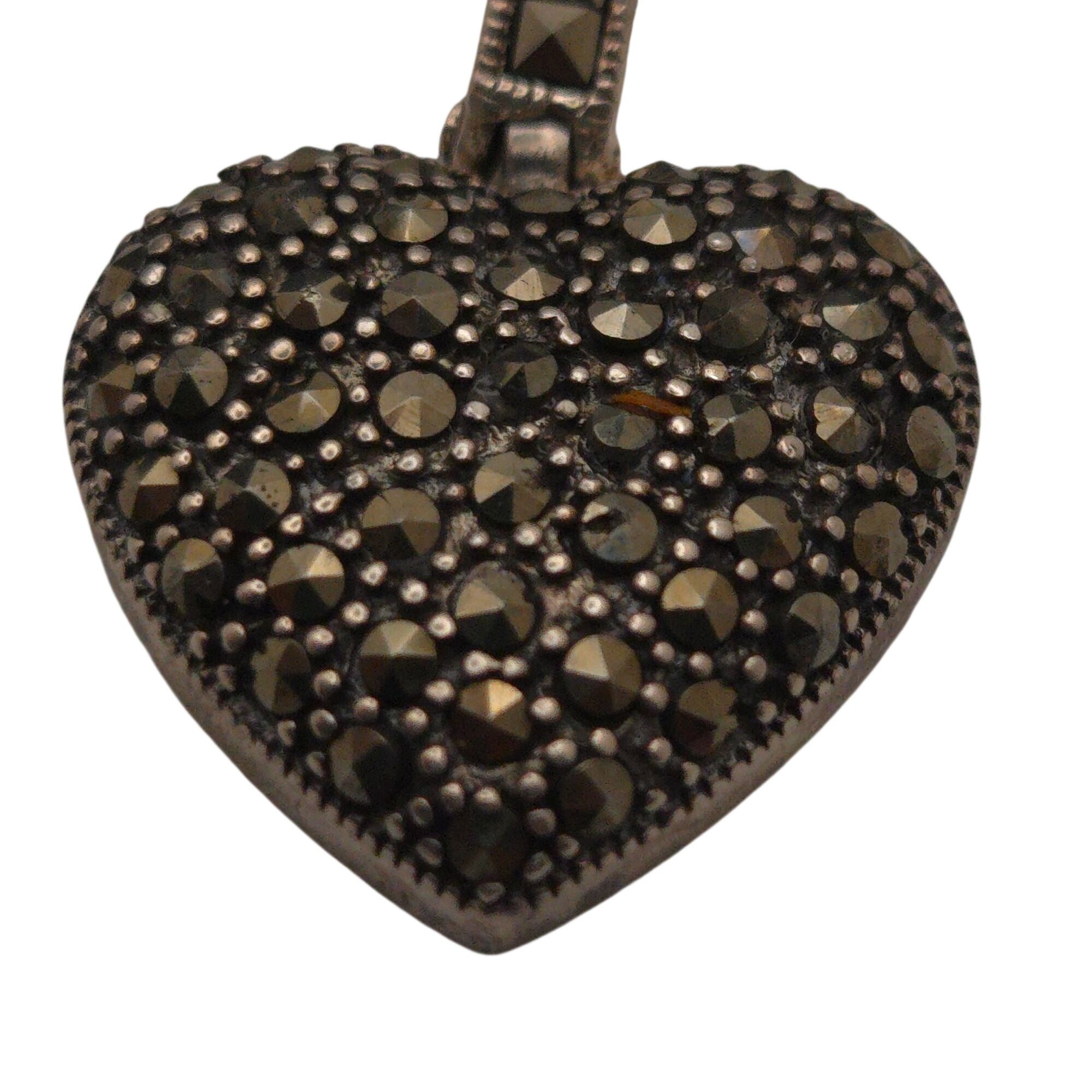 Vintage Sterling Silver 925 Heart Pendant Marcasite 1.5" Art Deco Victorian