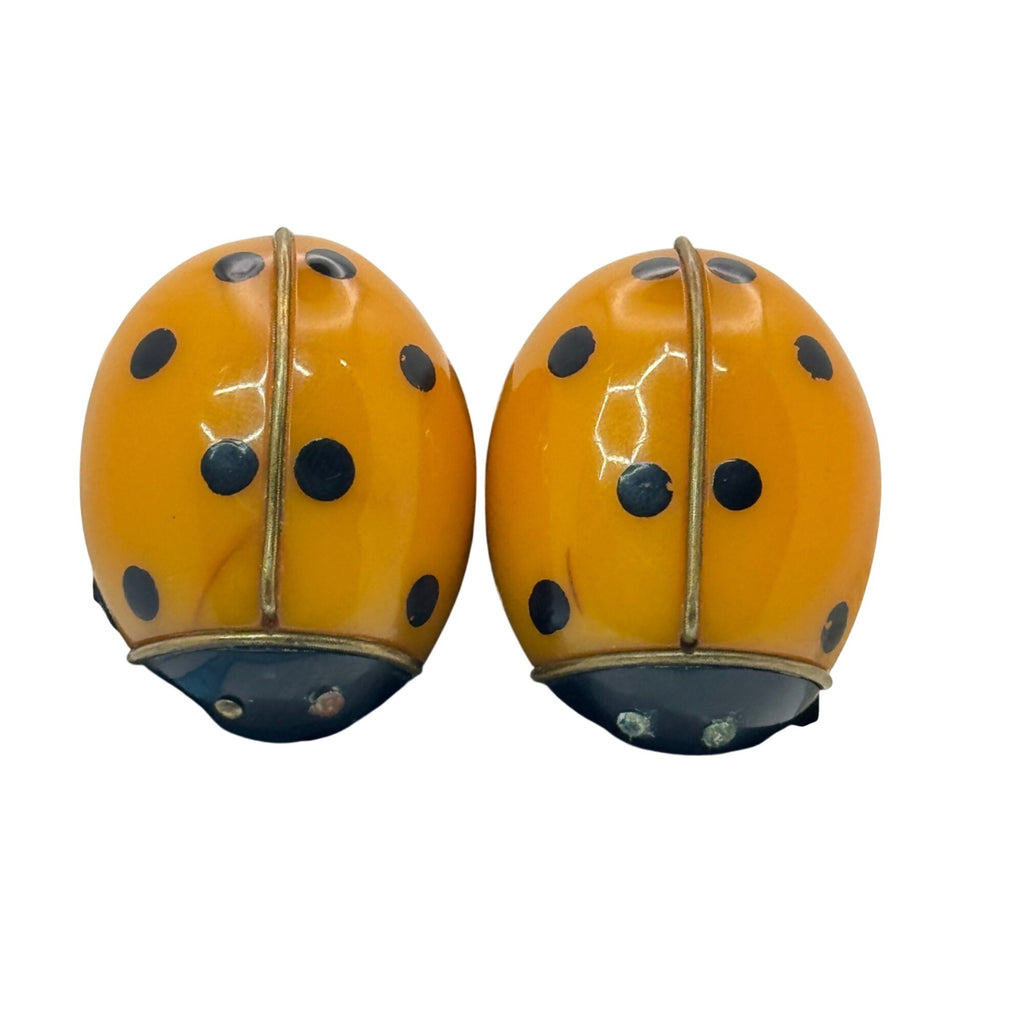 Bakelite Ladybug Shoe Clips Brooches RARE 1.5" Vtg Yellow Polka Dotted Orange