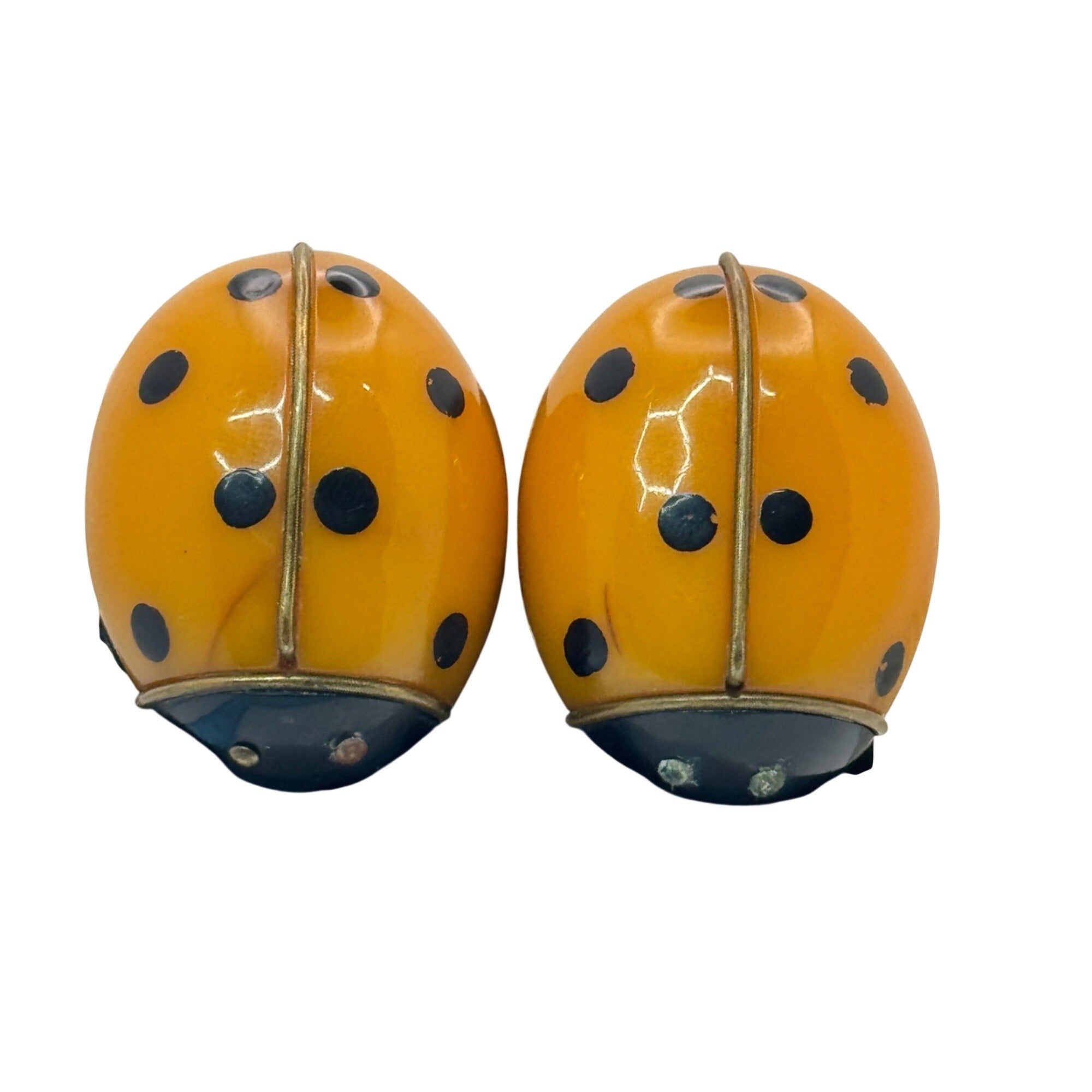 Bakelite Ladybug Shoe Clips Brooches RARE 1.5" Vtg Yellow Polka Dotted Orange