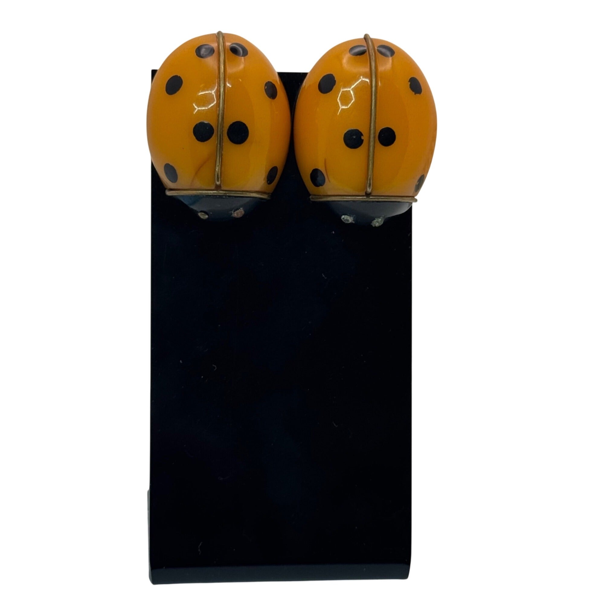 Bakelite Ladybug Shoe Clips Brooches RARE 1.5" Vtg Yellow Polka Dotted Orange