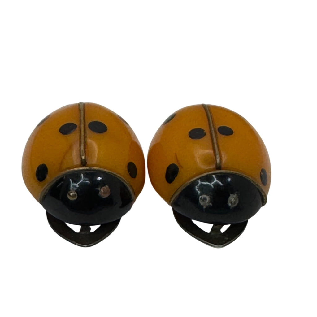 Bakelite Ladybug Shoe Clips Brooches RARE 1.5" Vtg Yellow Polka Dotted Orange