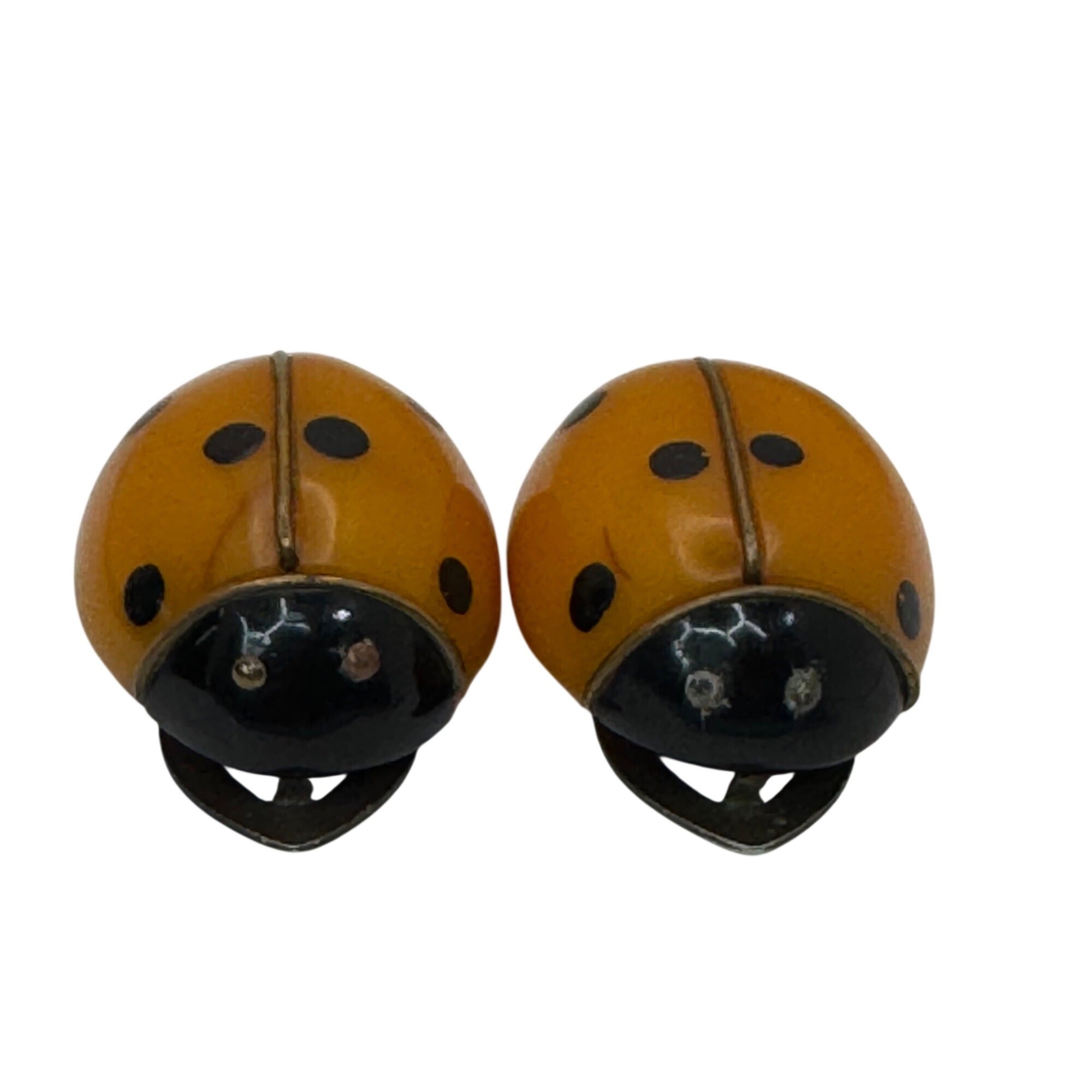 Bakelite Ladybug Shoe Clips Brooches RARE 1.5" Vtg Yellow Polka Dotted Orange
