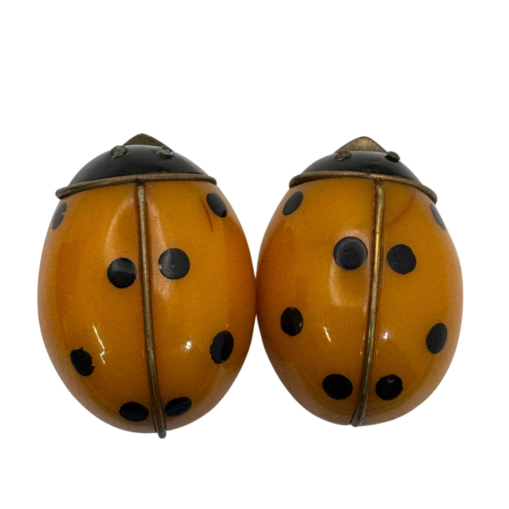 Bakelite Ladybug Shoe Clips Brooches RARE 1.5" Vtg Yellow Polka Dotted Orange