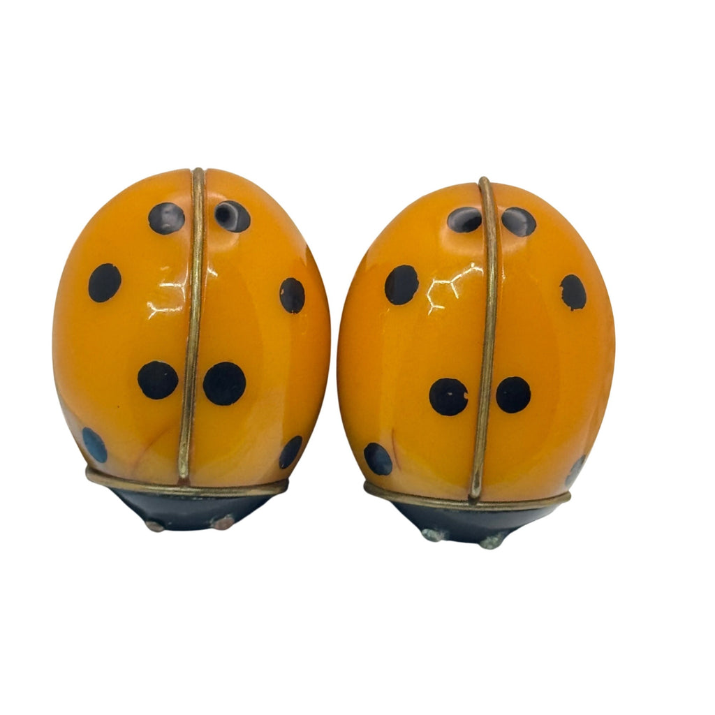Bakelite Ladybug Shoe Clips Brooches RARE 1.5" Vtg Yellow Polka Dotted Orange