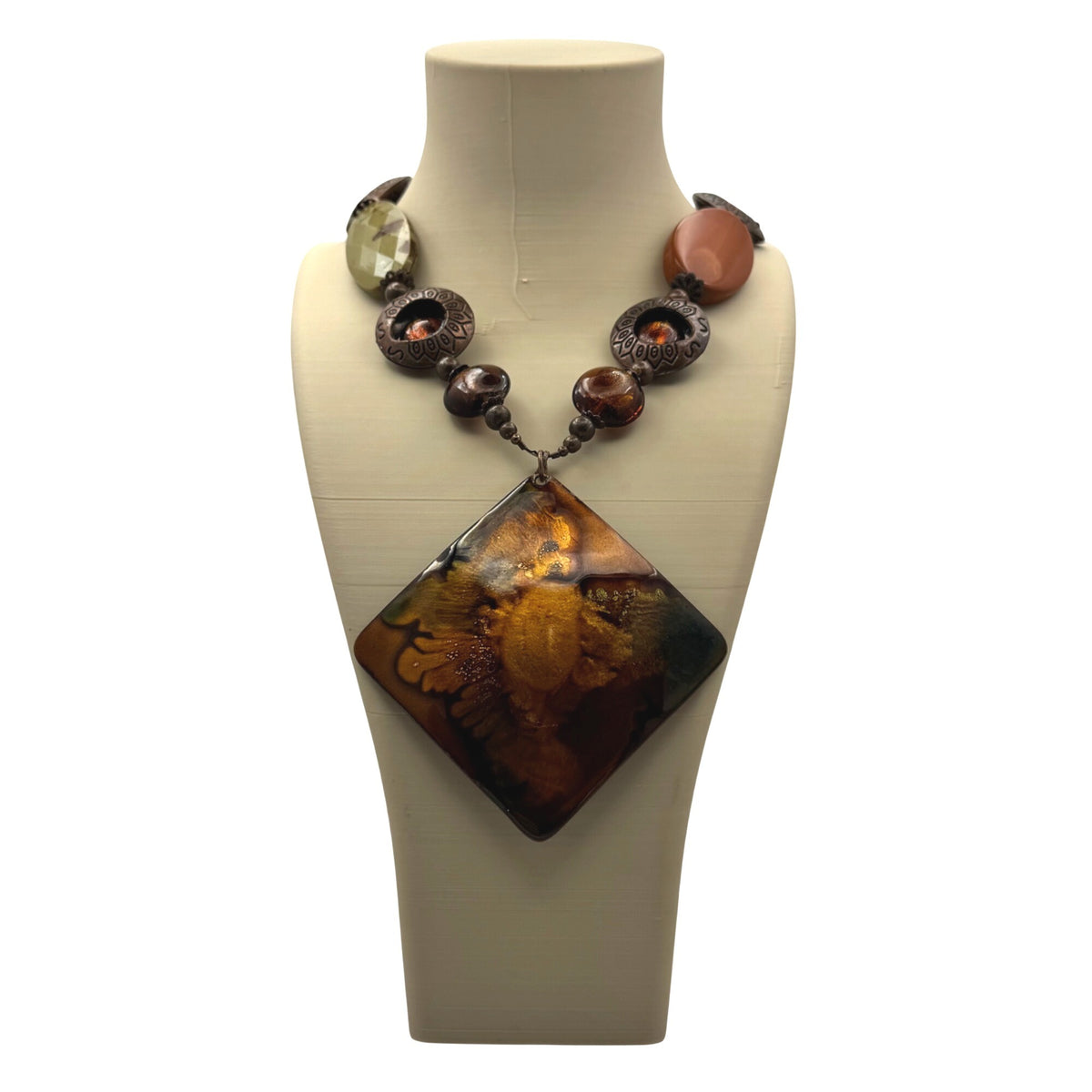 Enamel On Copper Statement Israel Artisan Necklace Glass Beads Amber Bronze Vtg