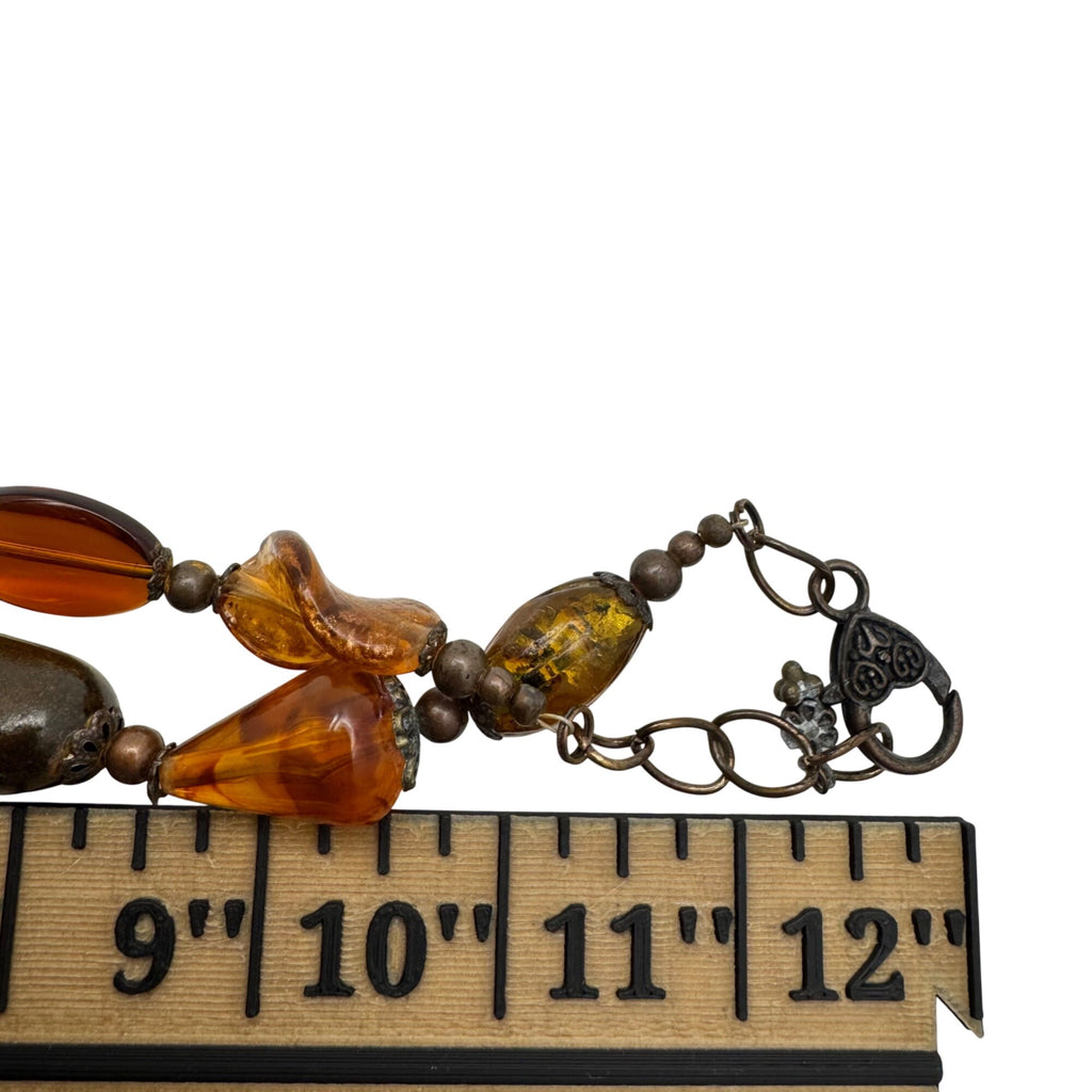 Enamel On Copper Statement Israel Artisan Necklace Glass Beads Amber Bronze Vtg
