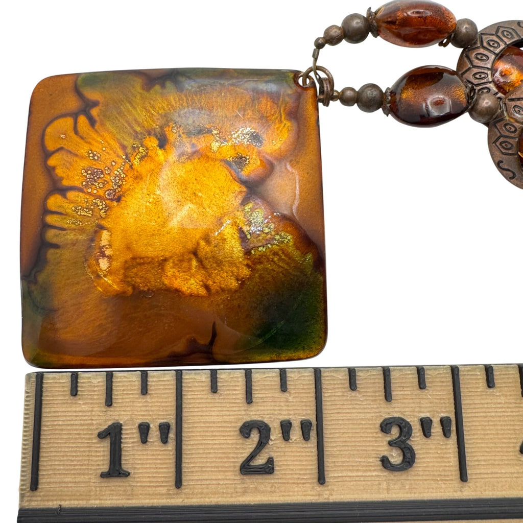 Enamel On Copper Statement Israel Artisan Necklace Glass Beads Amber Bronze Vtg