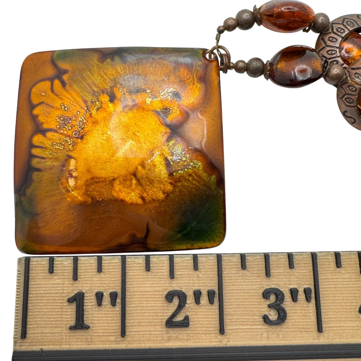 Enamel On Copper Statement Israel Artisan Necklace Glass Beads Amber Bronze Vtg