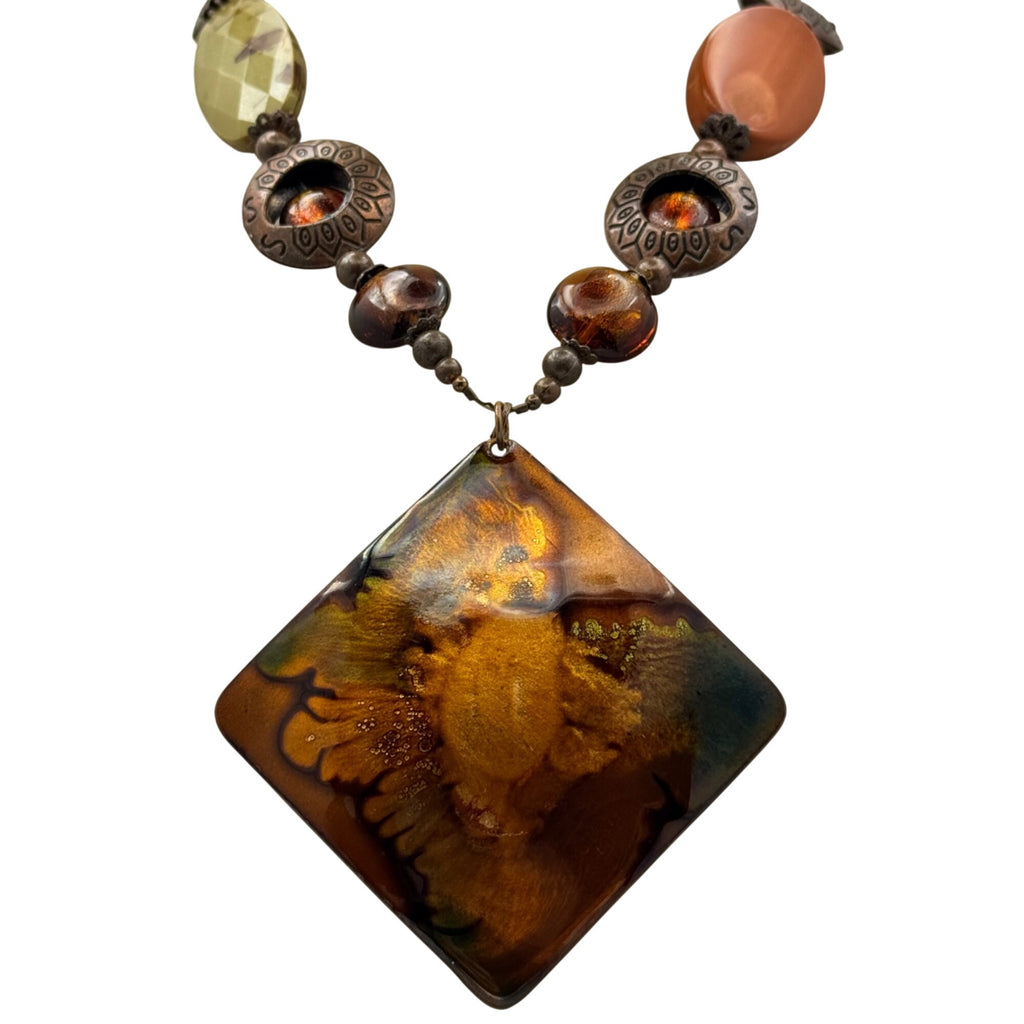 Enamel On Copper Statement Israel Artisan Necklace Glass Beads Amber Bronze Vtg