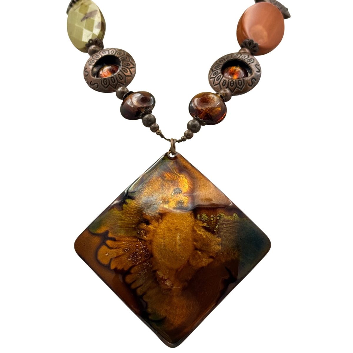 Enamel On Copper Statement Israel Artisan Necklace Glass Beads Amber Bronze Vtg