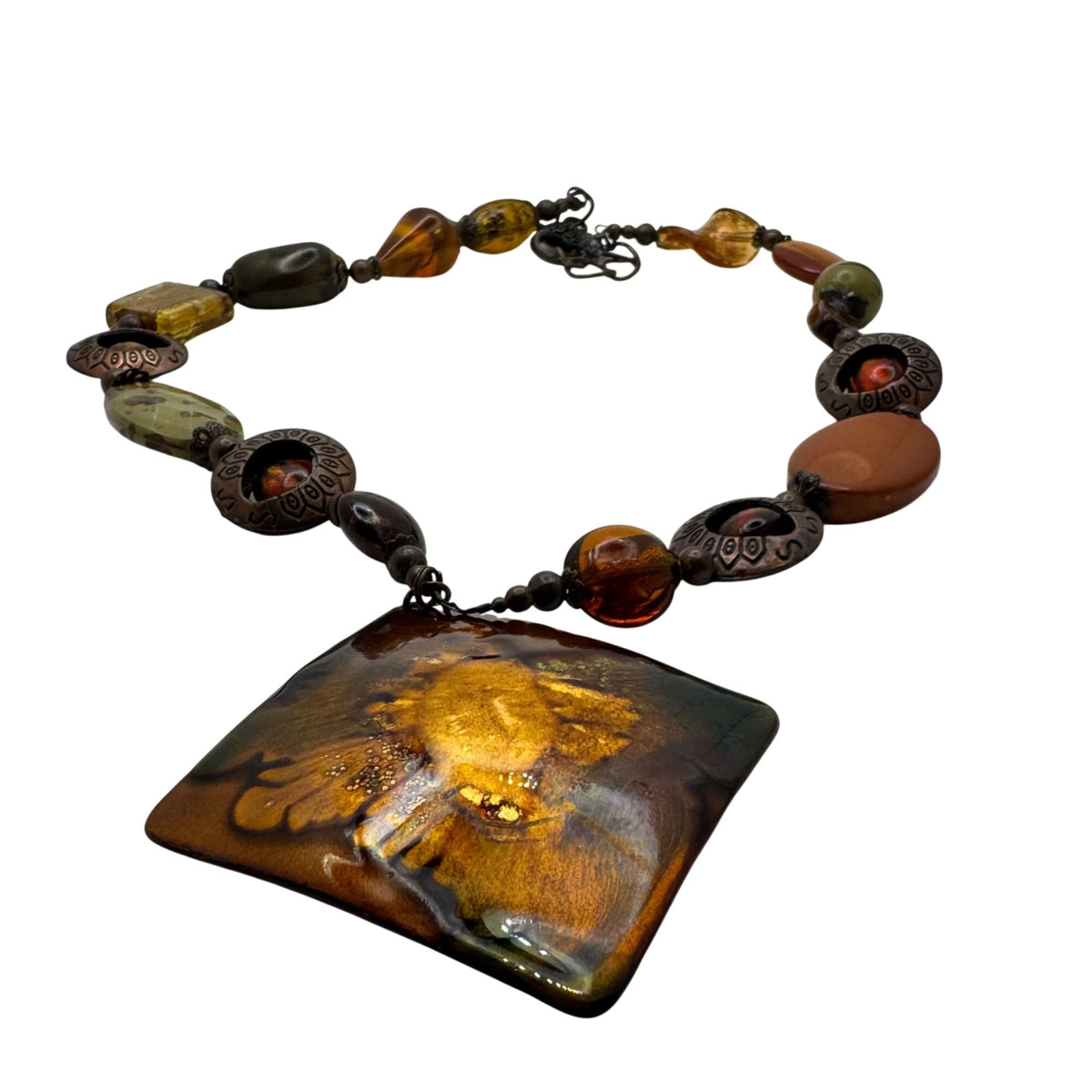 Enamel On Copper Statement Israel Artisan Necklace Glass Beads Amber Bronze Vtg