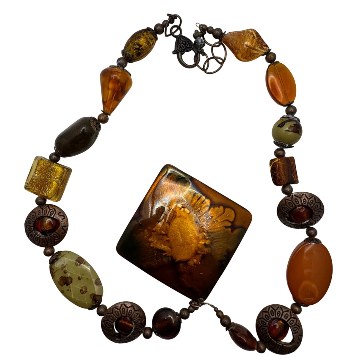 Enamel On Copper Statement Israel Artisan Necklace Glass Beads Amber Bronze Vtg
