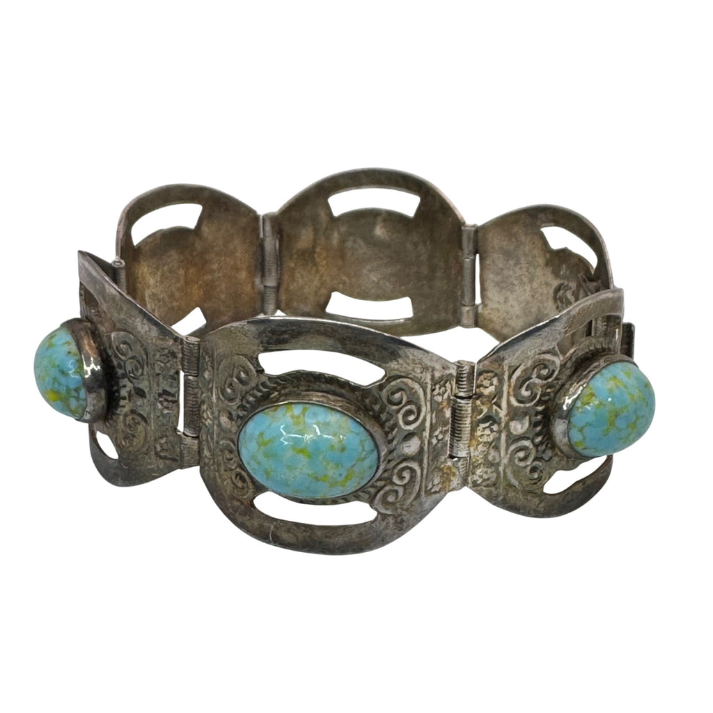 Blue Cabochon Glass 7" Bracelet Vintage Mexico Estate Alpaca Silver Turquoise