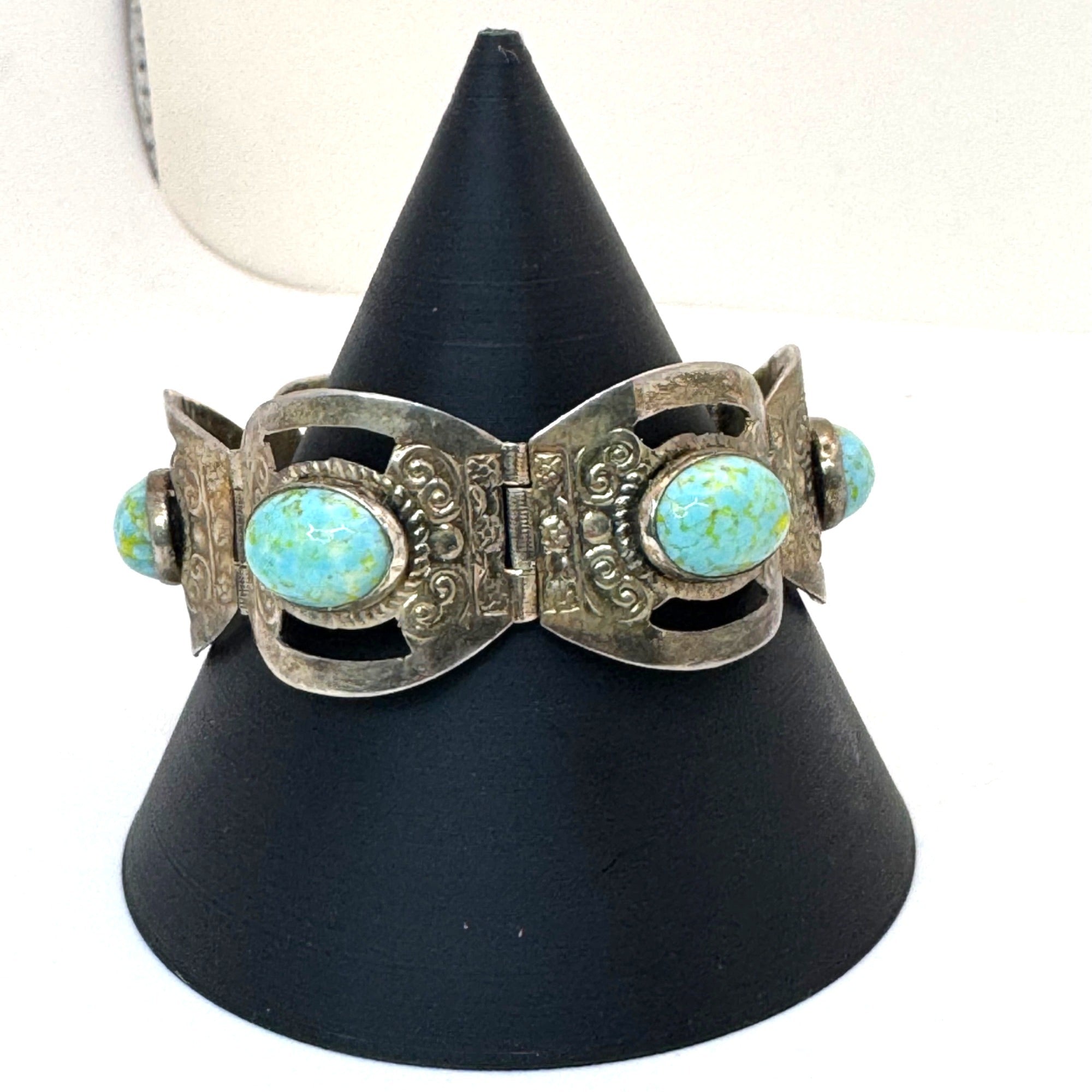 Blue Cabochon Glass 7" Bracelet Vintage Mexico Estate Alpaca Silver Turquoise