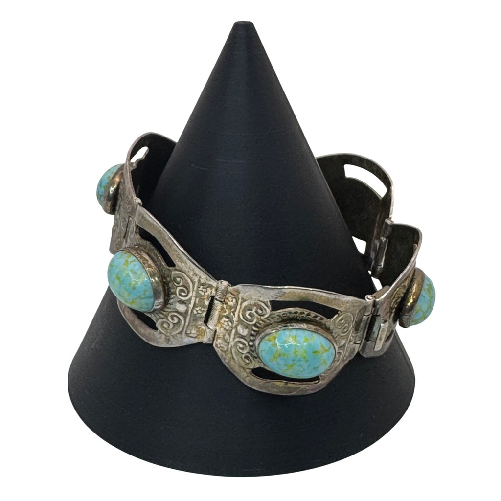 Blue Cabochon Glass 7" Bracelet Vintage Mexico Estate Alpaca Silver Turquoise