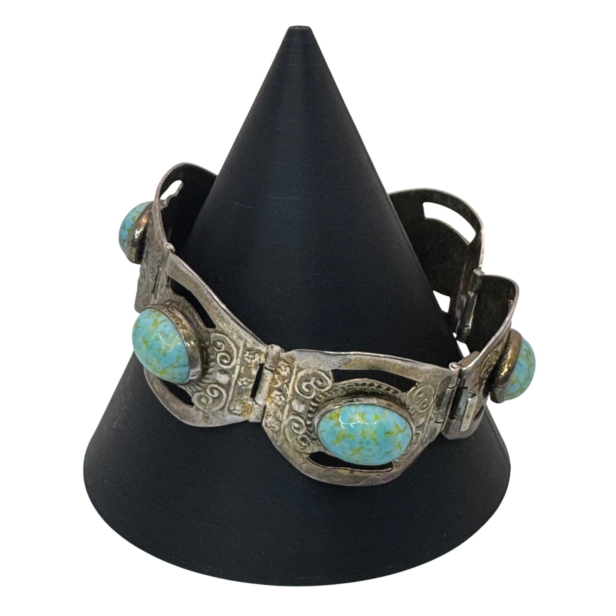 Blue Cabochon Glass 7" Bracelet Vintage Mexico Estate Alpaca Silver Turquoise