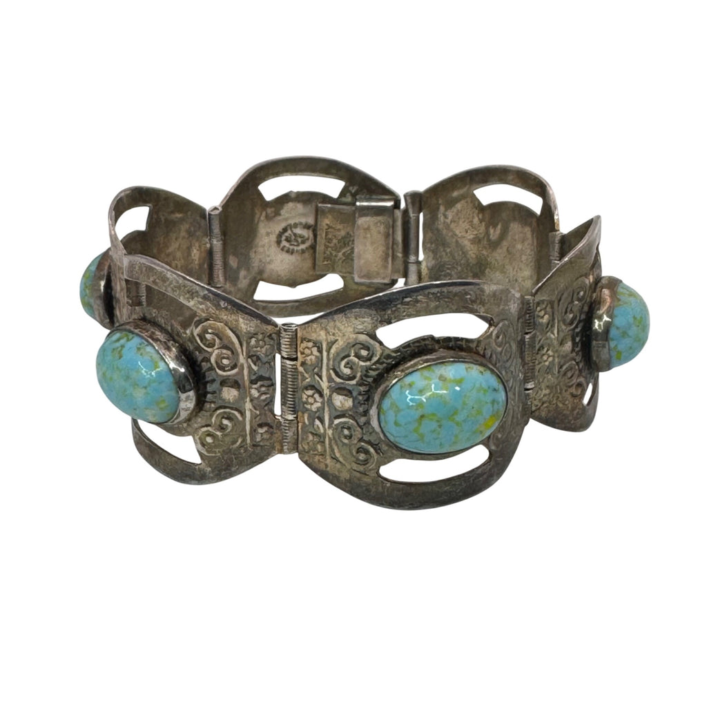 Blue Cabochon Glass 7" Bracelet Vintage Mexico Estate Alpaca Silver Turquoise