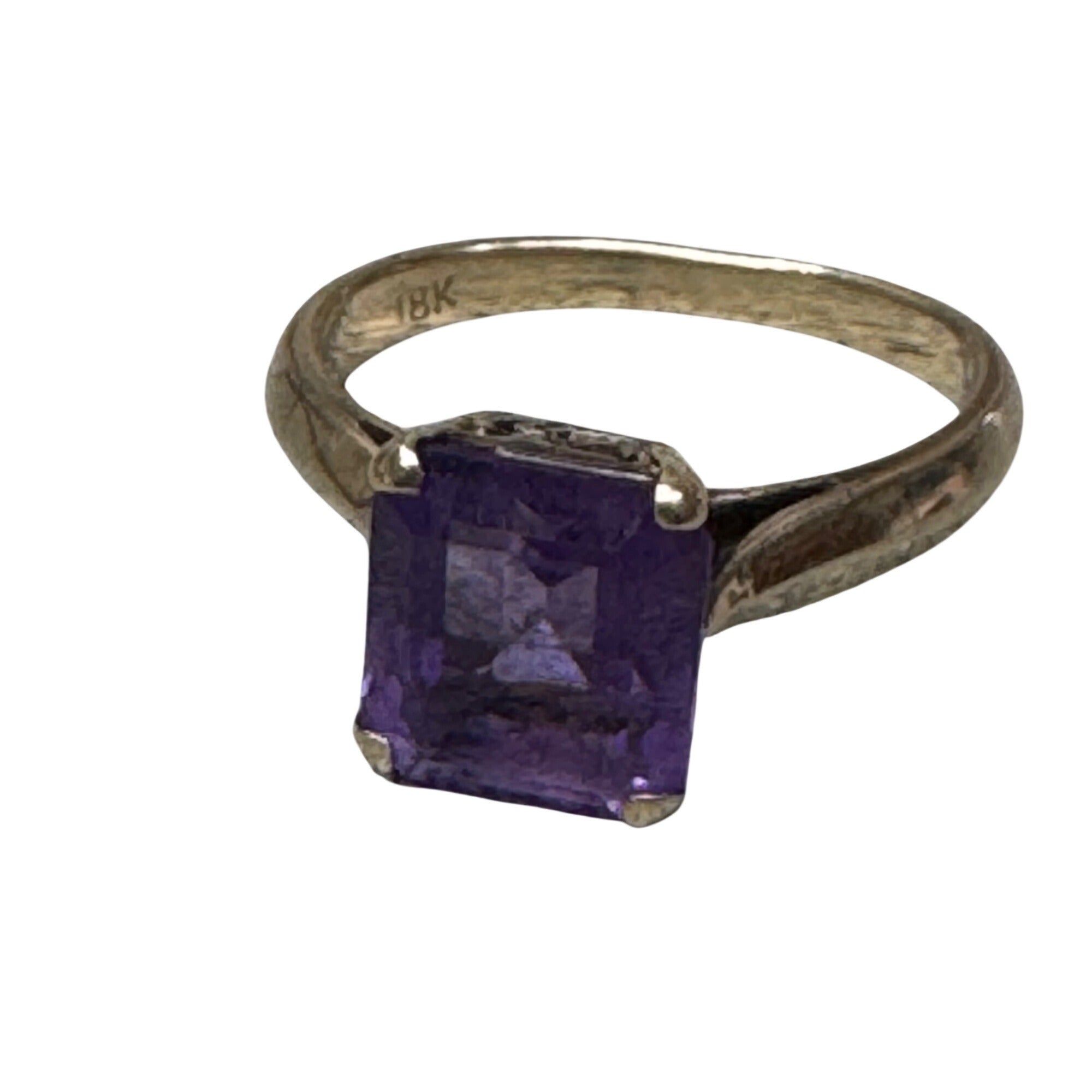 Vintage 18K Gold Ring Emerald-Cut Amethyst Gemstone Elegant Jewelry Size 6.75