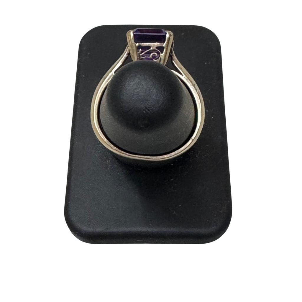 Vintage 18K Gold Ring Emerald-Cut Amethyst Gemstone Elegant Jewelry Size 6.75