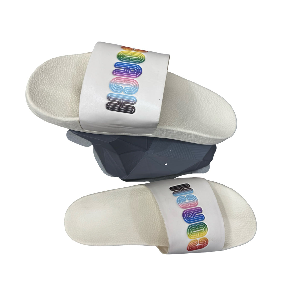Coach Mens Pride Rainbow Logo Ivory Slides Size 12D Comfortable Slip-On Sandals
