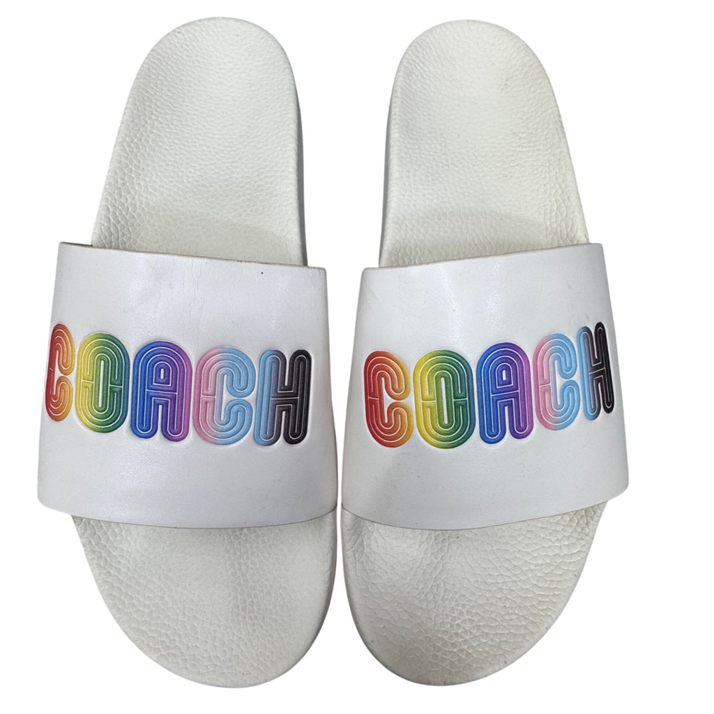 Coach Mens Pride Rainbow Logo Ivory Slides Size 12D Comfortable Slip-On Sandals