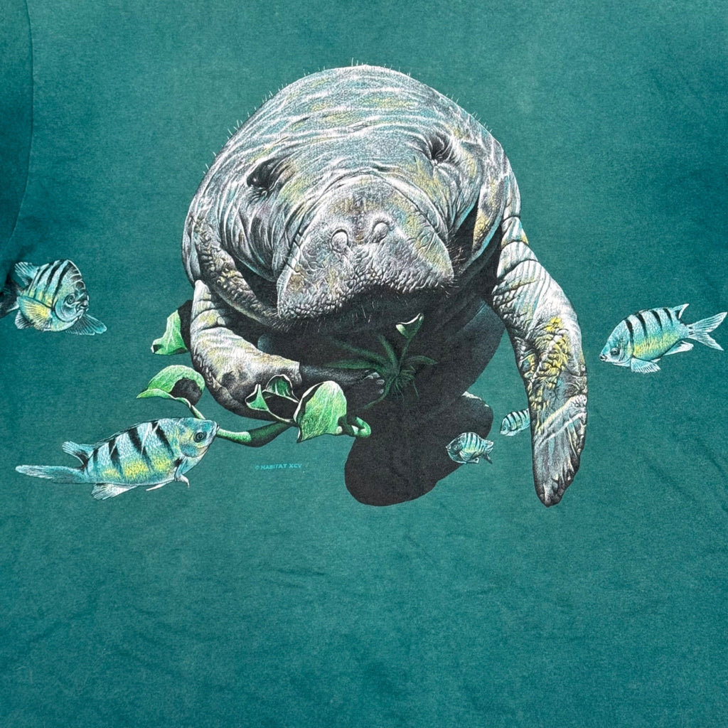 Vintage Habitat Manatee AOP Mens Large Aqua Blue Ocean Nature Diving School Tee