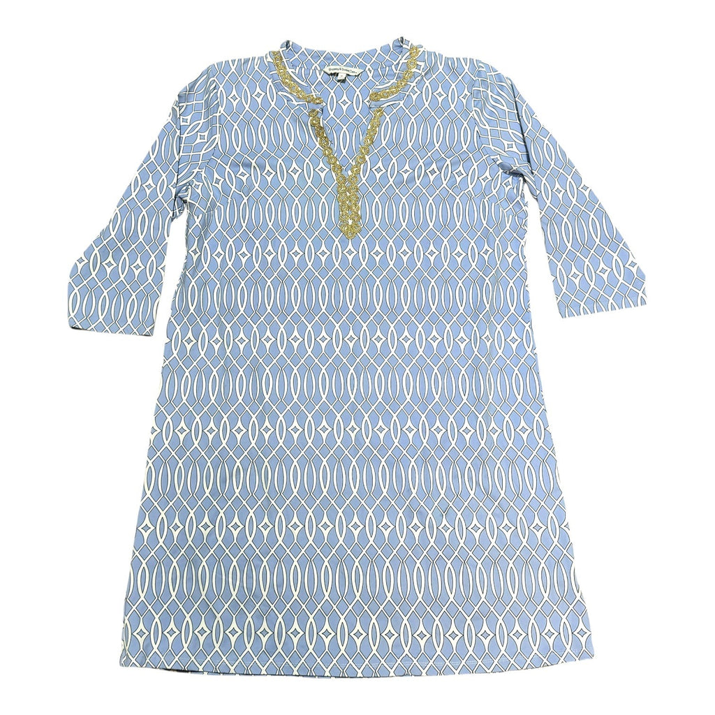 Sunsets & Sweet Tea Womens Blue & White Gold Geometric Tunic Dress Midi Summer