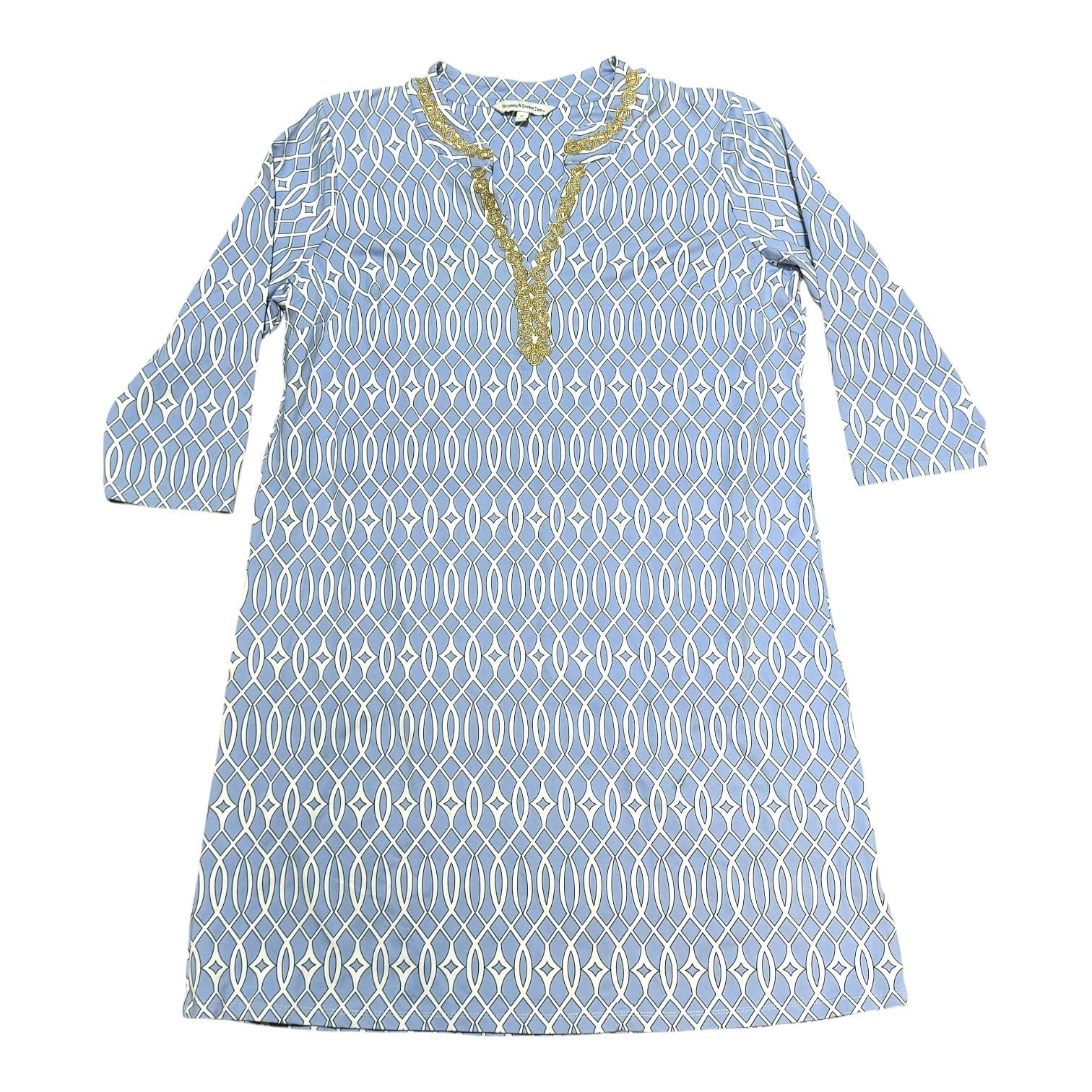 Sunsets & Sweet Tea Womens Blue & White Gold Geometric Tunic Dress Midi Summer
