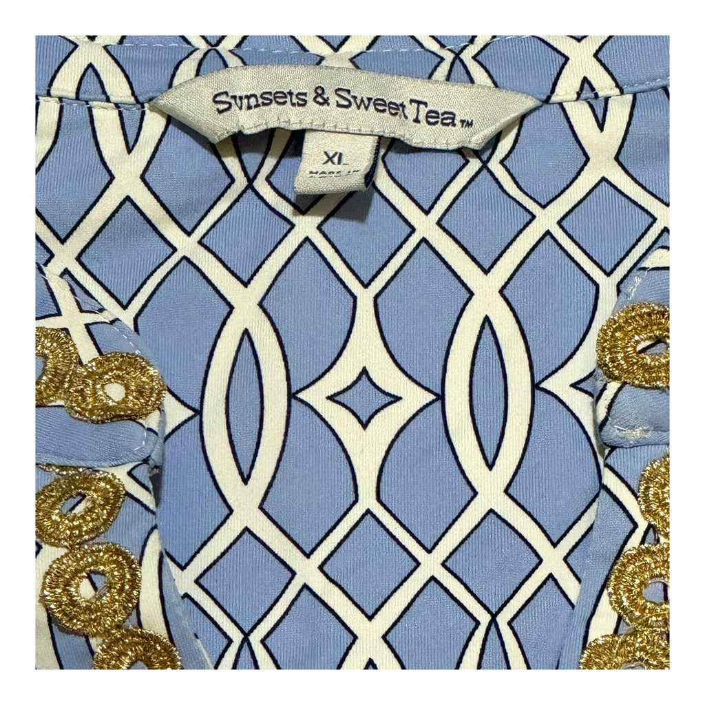 Sunsets & Sweet Tea Womens Blue & White Gold Geometric Tunic Dress Midi Summer