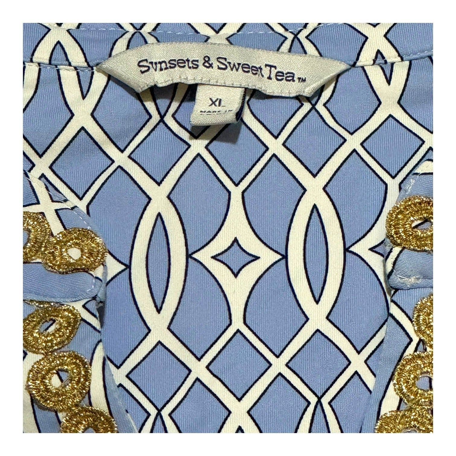 Sunsets & Sweet Tea Womens Blue & White Gold Geometric Tunic Dress Midi Summer