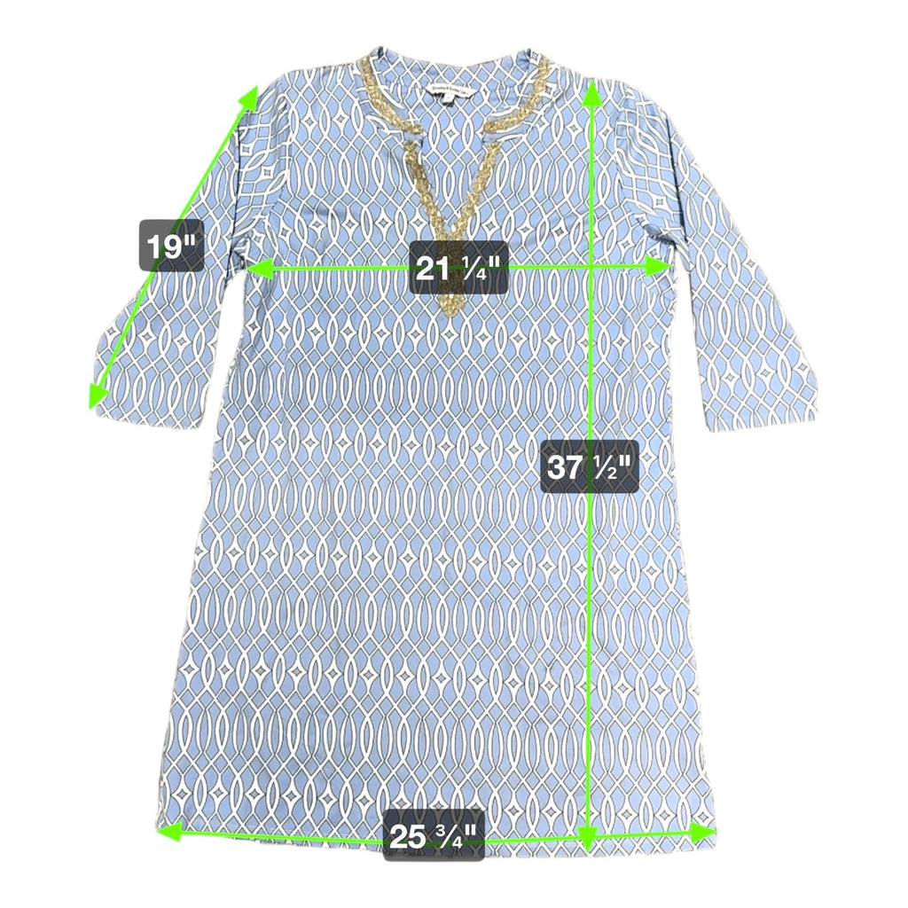 Sunsets & Sweet Tea Womens Blue & White Gold Geometric Tunic Dress Midi Summer