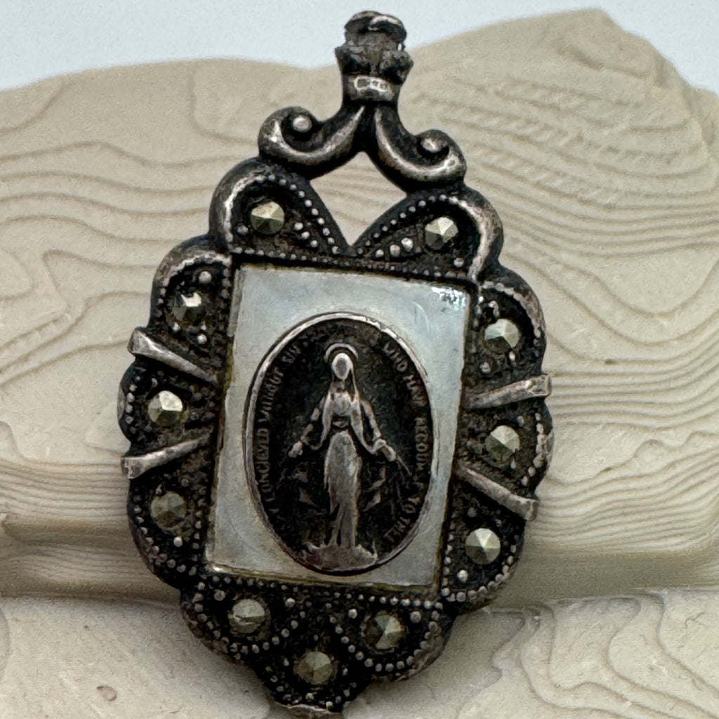 Miraculous Mother Mary Madonna Marcasite Pendant Necklace Theda Sterling Silver