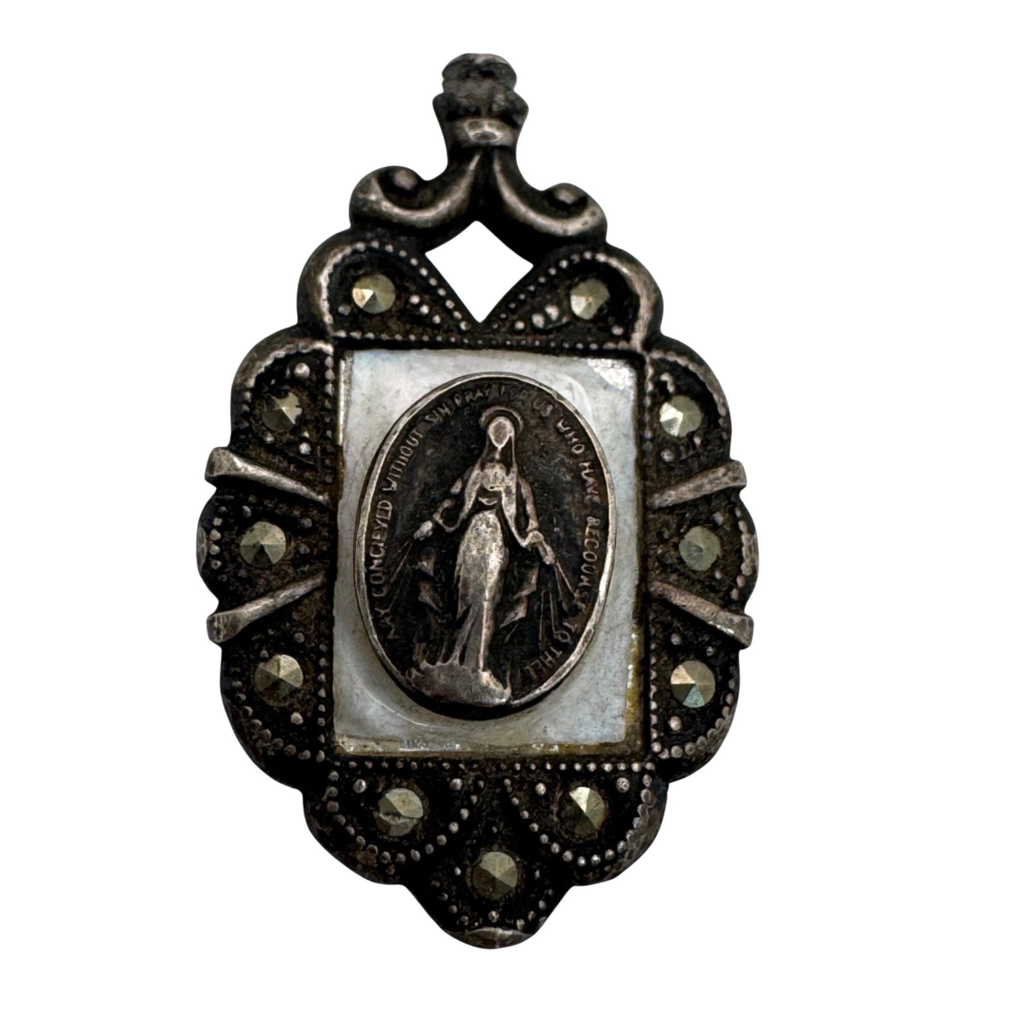 Miraculous Mother Mary Madonna Marcasite Pendant Necklace Theda Sterling Silver