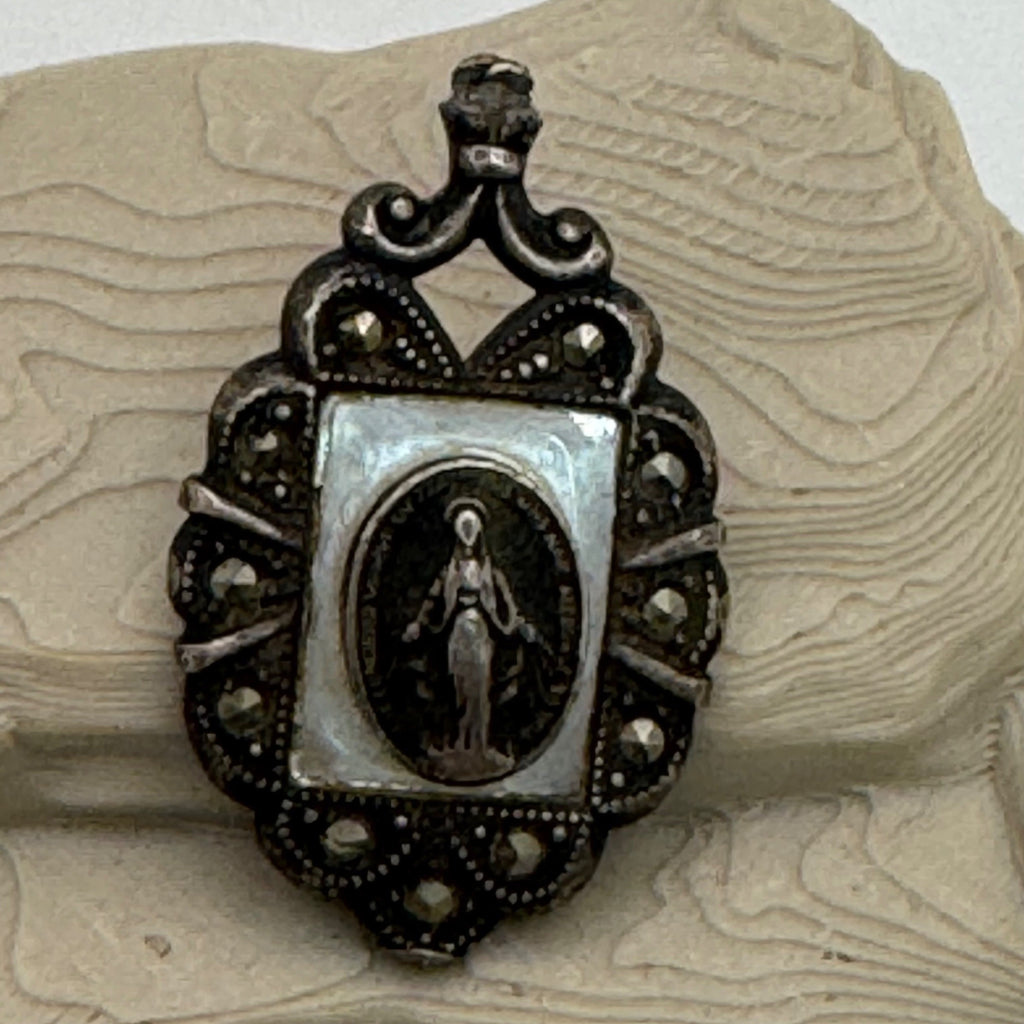 Miraculous Mother Mary Madonna Marcasite Pendant Necklace Theda Sterling Silver