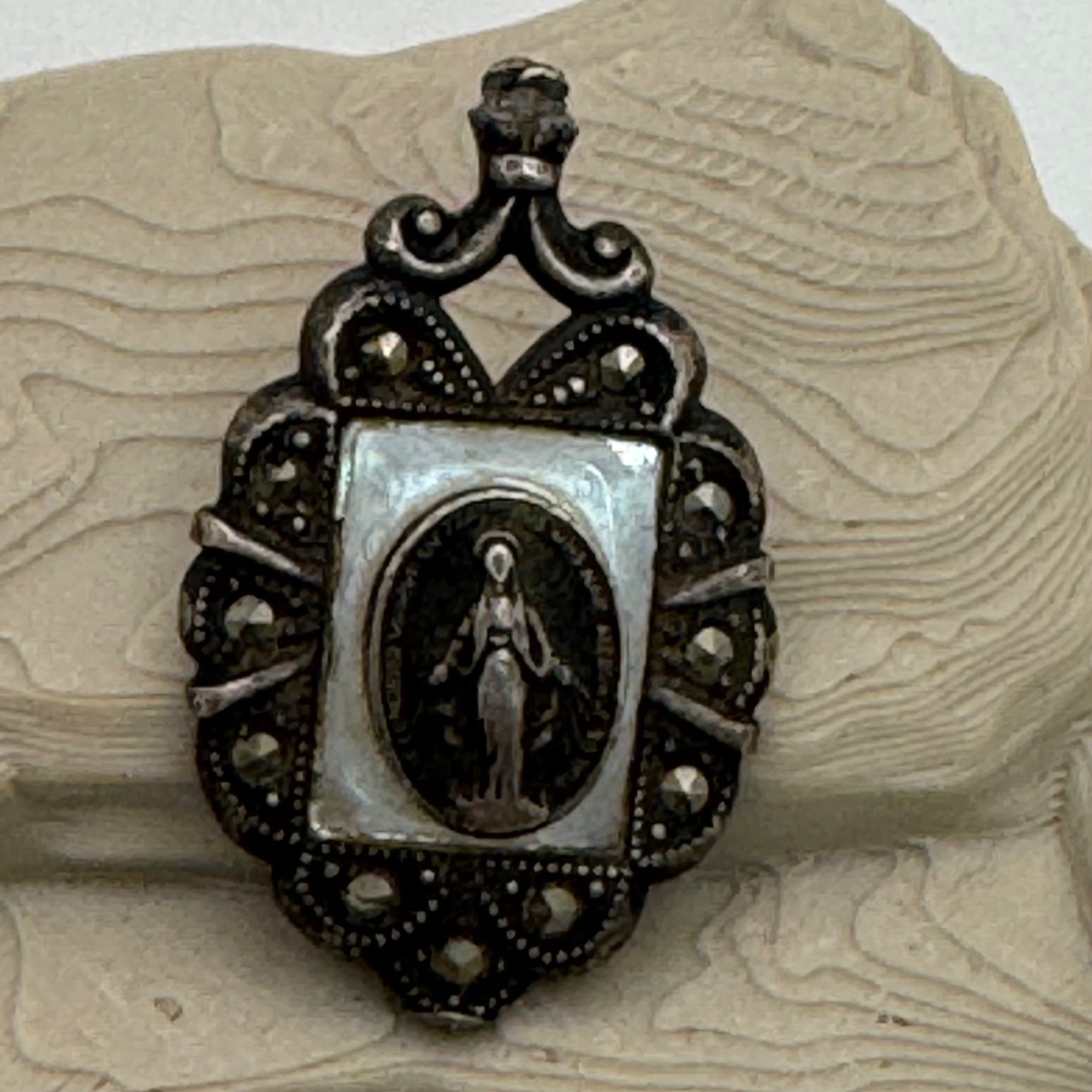 Miraculous Mother Mary Madonna Marcasite Pendant Necklace Theda Sterling Silver