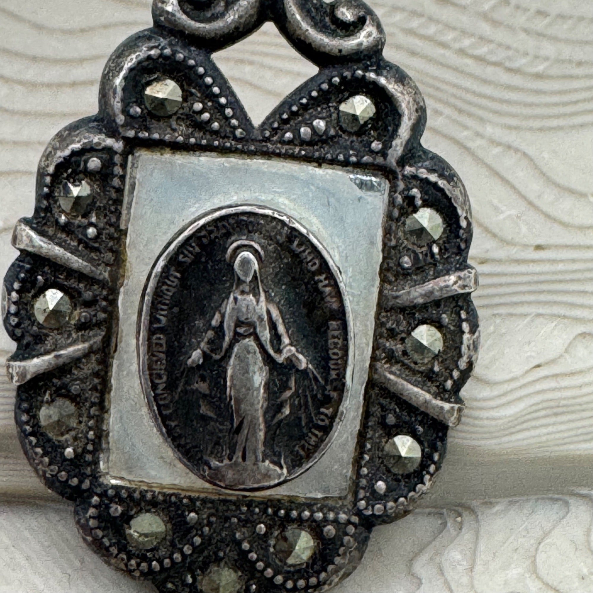 Miraculous Mother Mary Madonna Marcasite Pendant Necklace Theda Sterling Silver