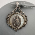 Miraculous Mary Medal Pendant Mother Of Pearl Marcasite Inlay Sterling Silver