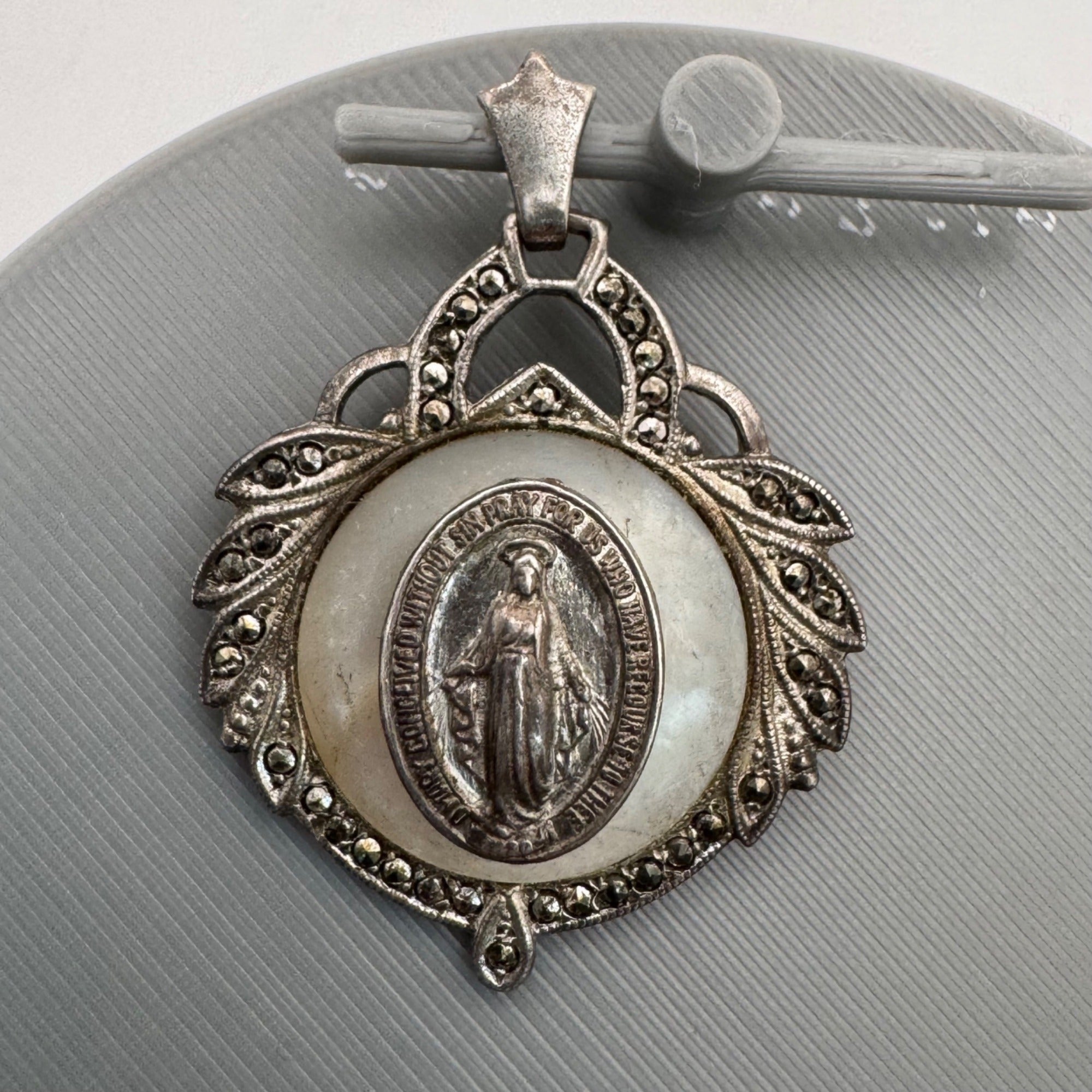 Miraculous Mary Medal Pendant Mother Of Pearl Marcasite Inlay Sterling Silver
