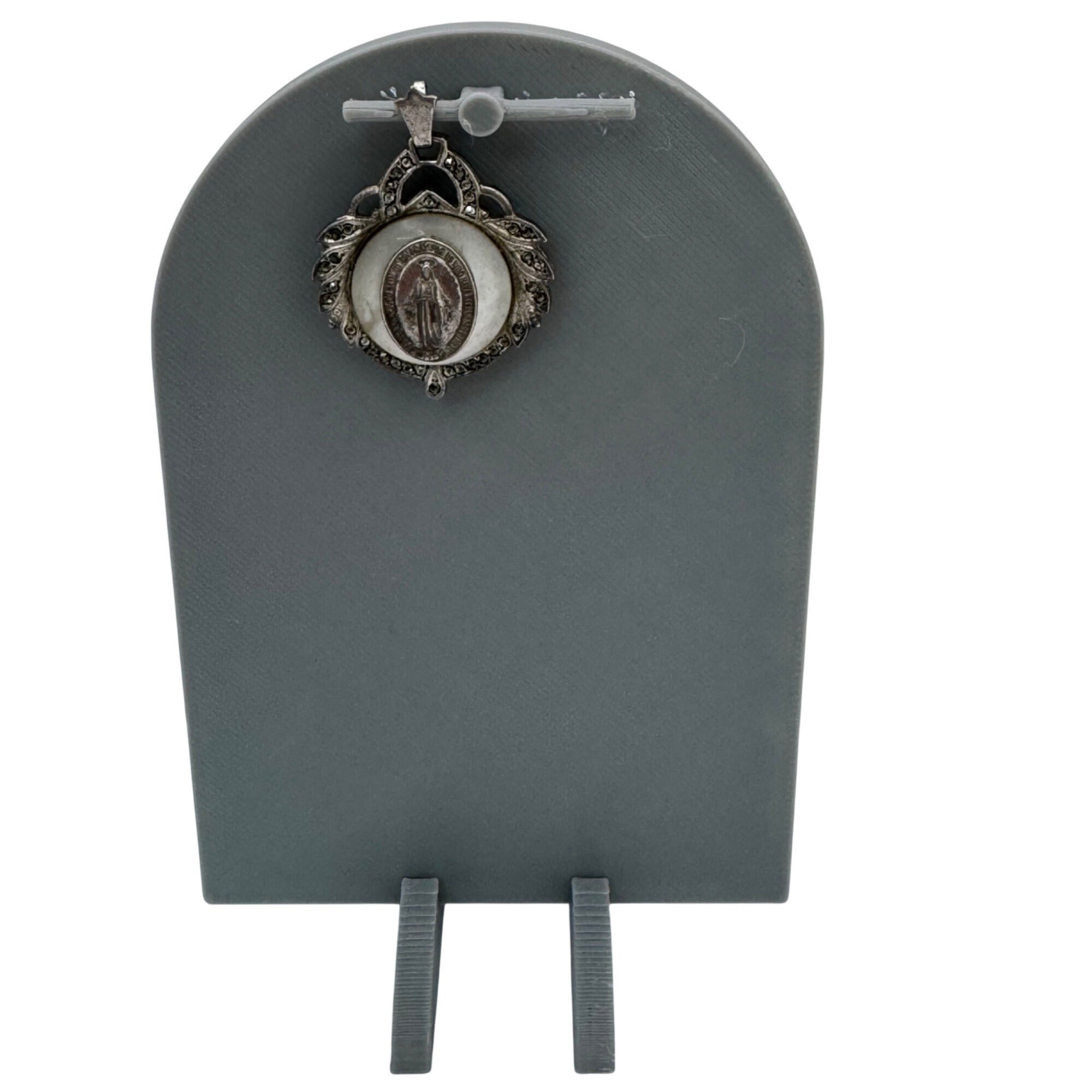 Miraculous Mary Medal Pendant Mother Of Pearl Marcasite Inlay Sterling Silver