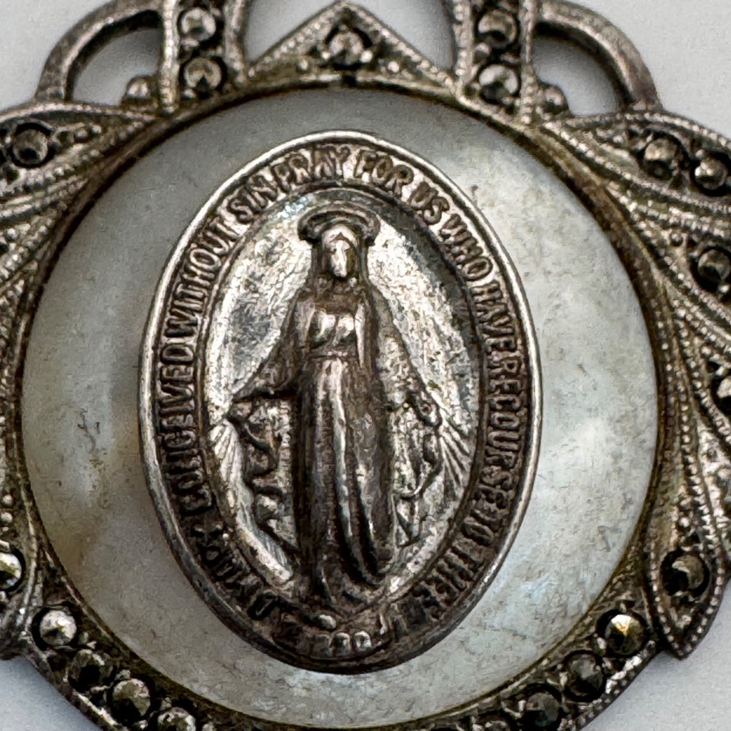 Miraculous Mary Medal Pendant Mother Of Pearl Marcasite Inlay Sterling Silver