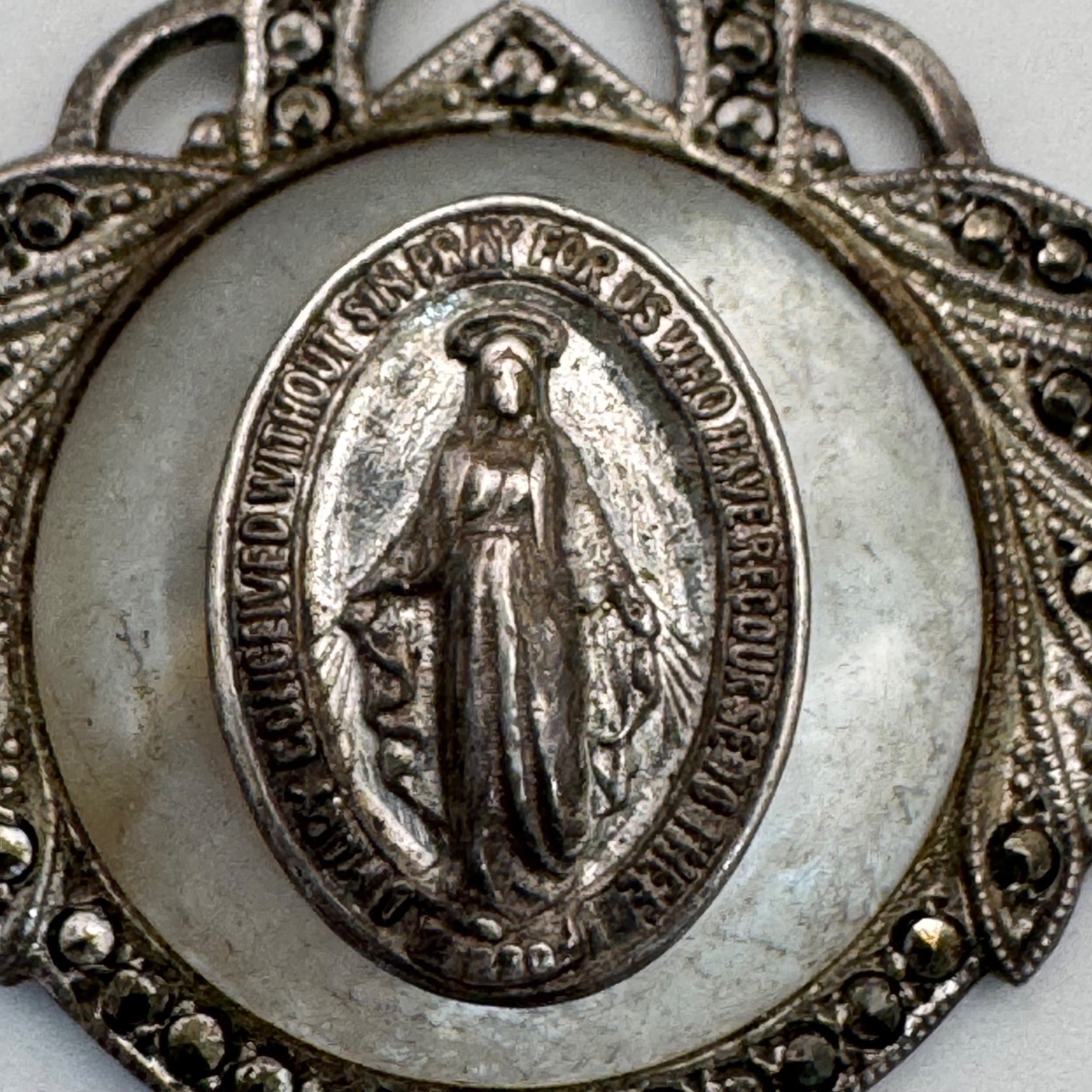 Miraculous Mary Medal Pendant Mother Of Pearl Marcasite Inlay Sterling Silver